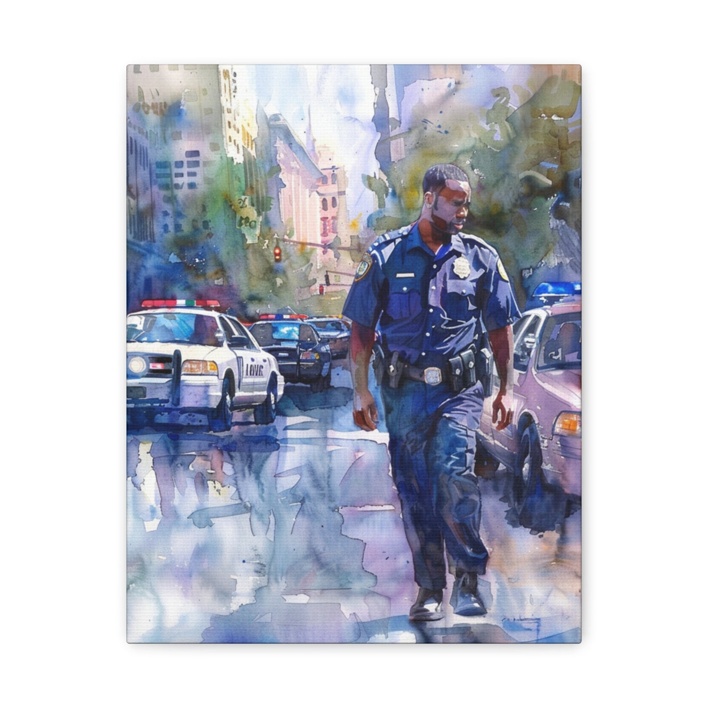 African American Police Officer #1 Canvas Gallery Wraps Watercolor Black Law Enforcement Cop America's Finest Policeman Policemen Artwork