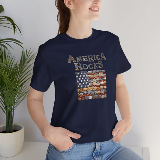 America Rocks T-Shirt, Cotton Blend Crew Neck Tee, White, Black or Navy, Featuring American Flag Design