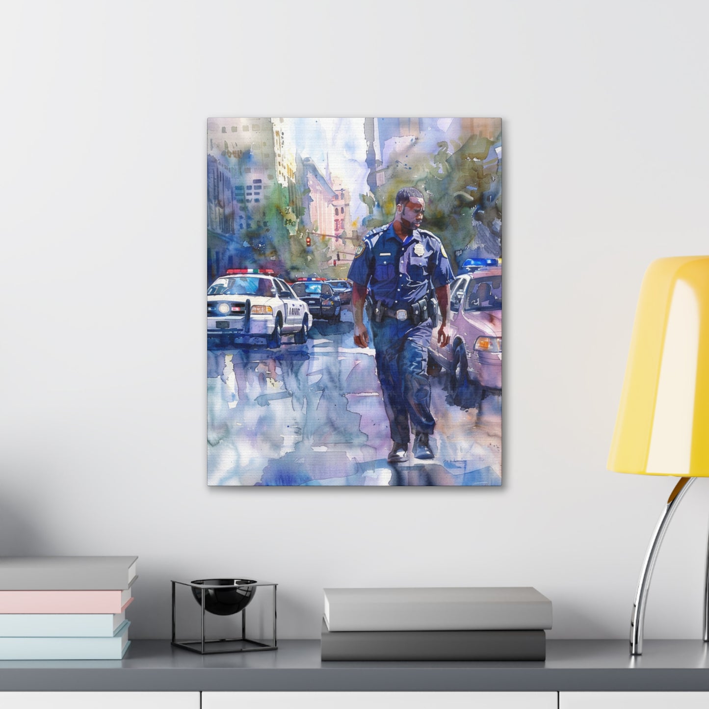 African American Police Officer #1 Canvas Gallery Wraps Watercolor Black Law Enforcement Cop America's Finest Policeman Policemen Artwork