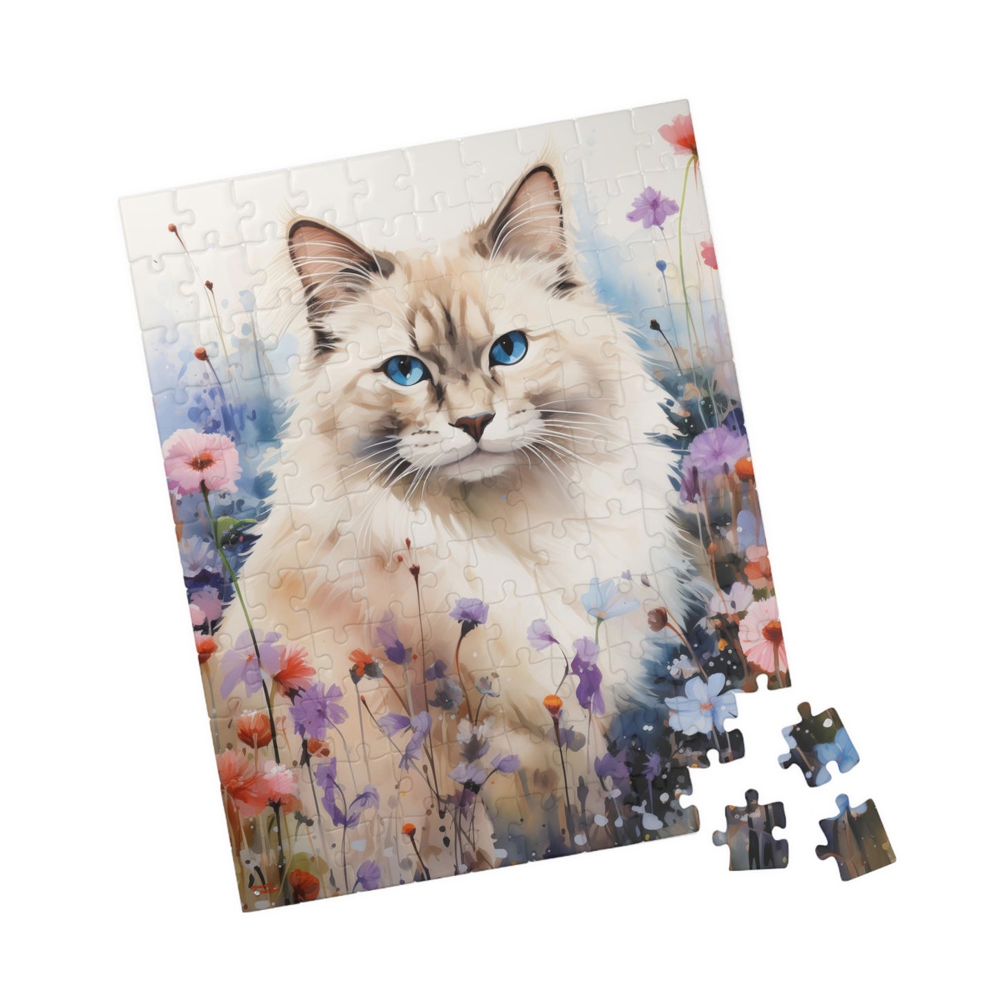 Ragdoll Cat in Wildflowers Jigsaw Puzzle (110, 252, 520, 1014-piece)Feline Pussycat Kitten Family Pet Jig Saw Animals Girls Women Lady