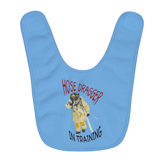 Firechick Designs Firefighter "Hose Dragger In Training" Fleece Baby Bib Light Blue