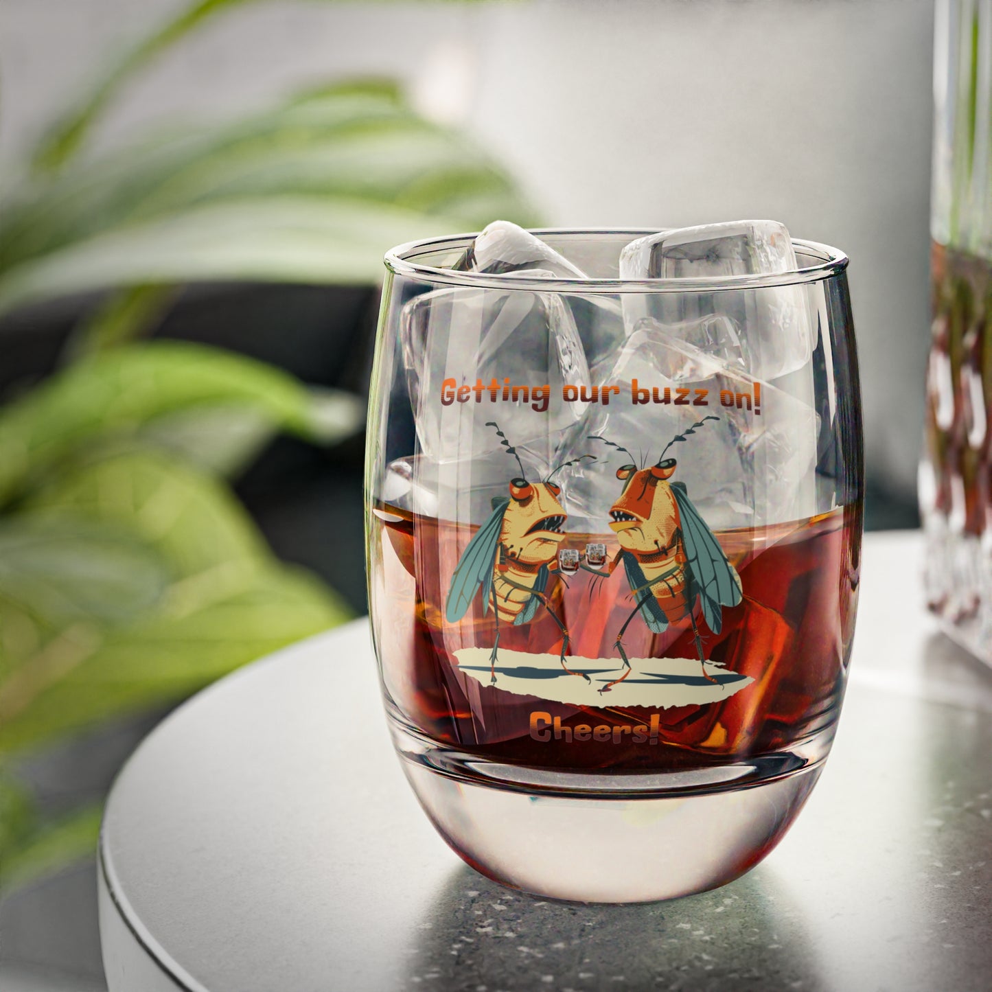 Whiskey Glasses with Cicada Cartoon Print, 6 oz (0.17L), 'Getting Our Buzz On!' Vibrant Colors, Modern Design, Bourbon Glass