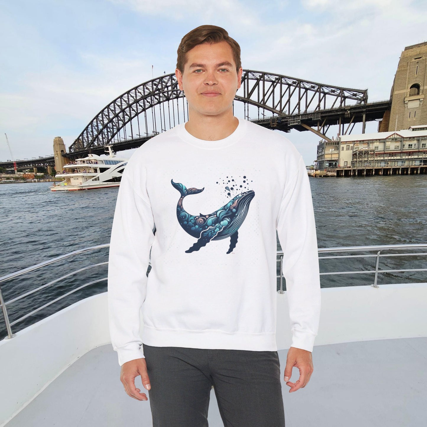 Whale Print Sweatshirt, Unisex Heavy Blend™ Crewneck Sweatshirt, Abstract Humpback Design, Poly-Cotton Comfort Fit