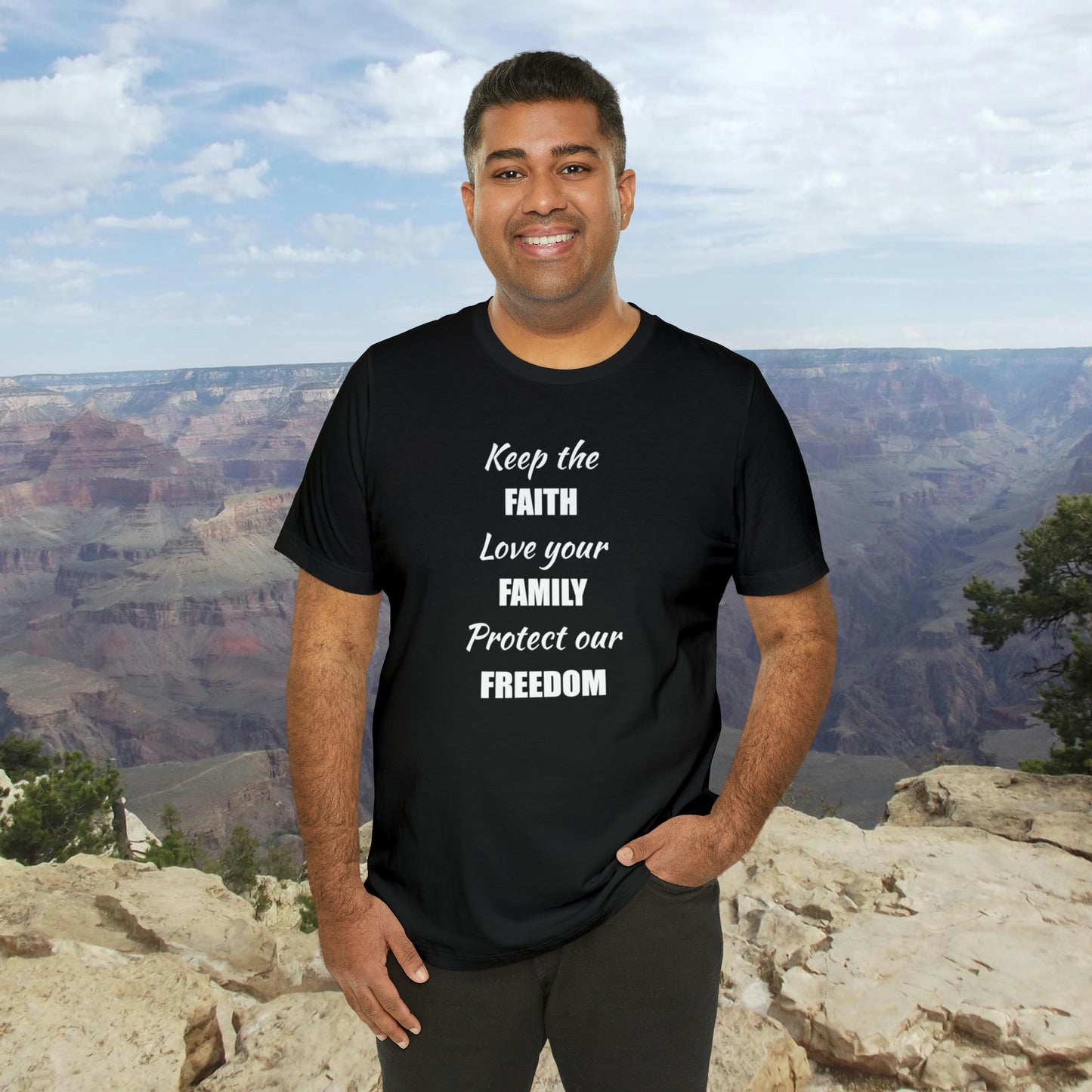 Faith Family Freedom Unisex Jersey Short Sleeve Tee | Christian American USA God Country America Jesus Families Keep Love Protect Religious