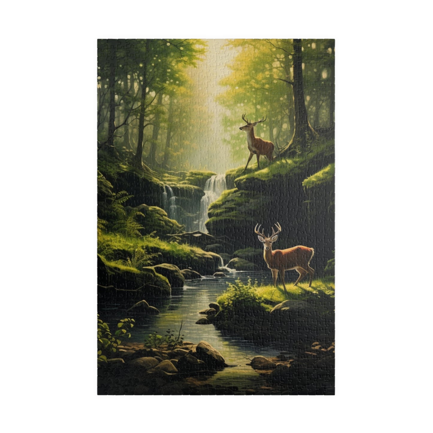 Nature's Wilderness Puzzle (500, 1014-piece) | Animal Life Nature Trees Waterfall Light God's Creatures Stag Doe Buck Flora Fauna