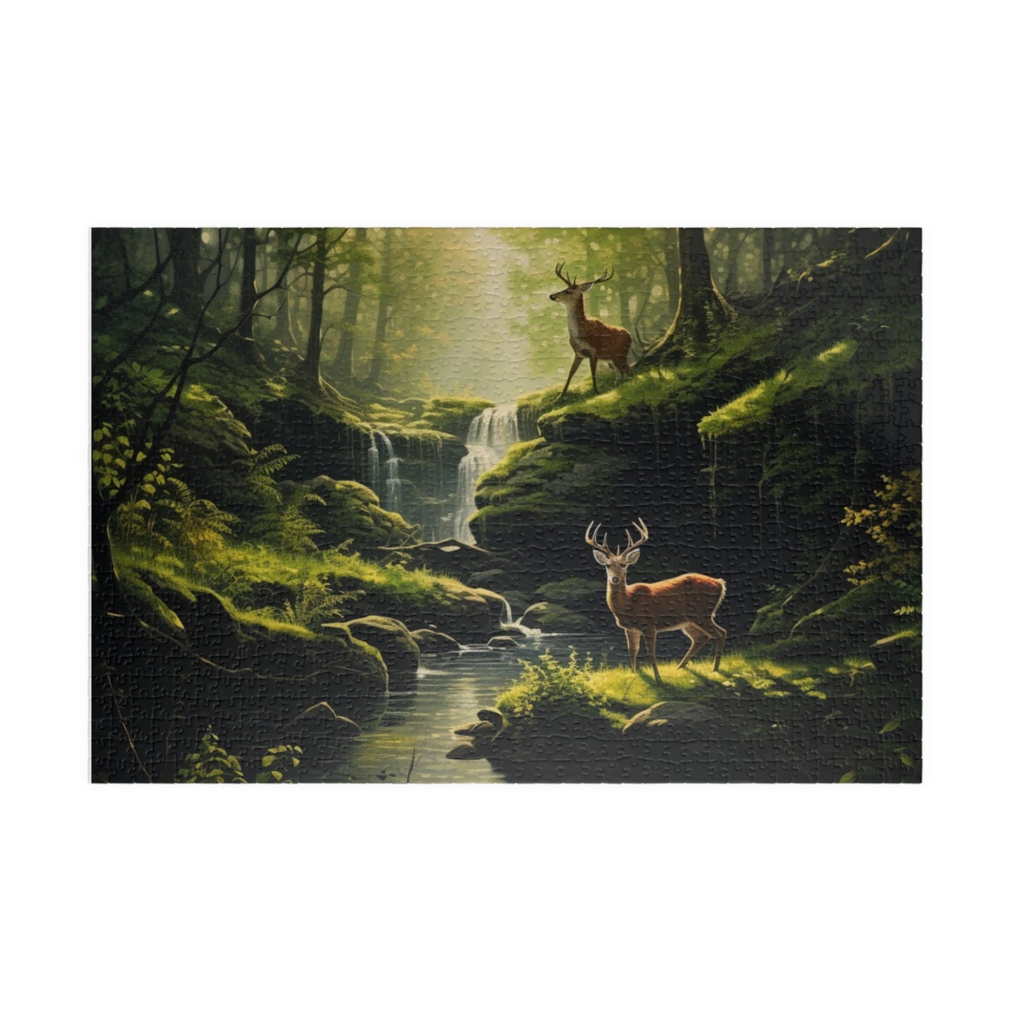 Nature's Wilderness Puzzle (500, 1014-piece) | Animal Life Nature Trees Waterfall Light God's Creatures Stag Doe Buck Flora Fauna