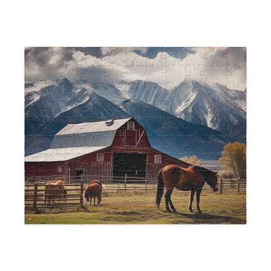 Horses and Red Barn Puzzle (110, 252, 520, 1014-piece) Country Scenery Family Fun Jig Saw Indoor Games Tabletop Wall Art Mountains Ranch