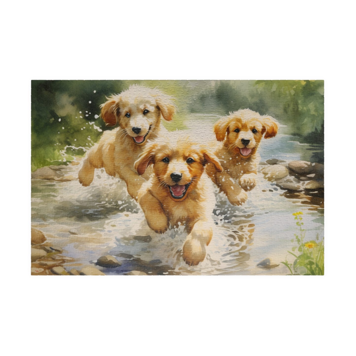 Three Golden Puppies Puzzle Jigsaw Cute Retrievers Playing in Stream Dog Dogs Watercolor Jig Saw