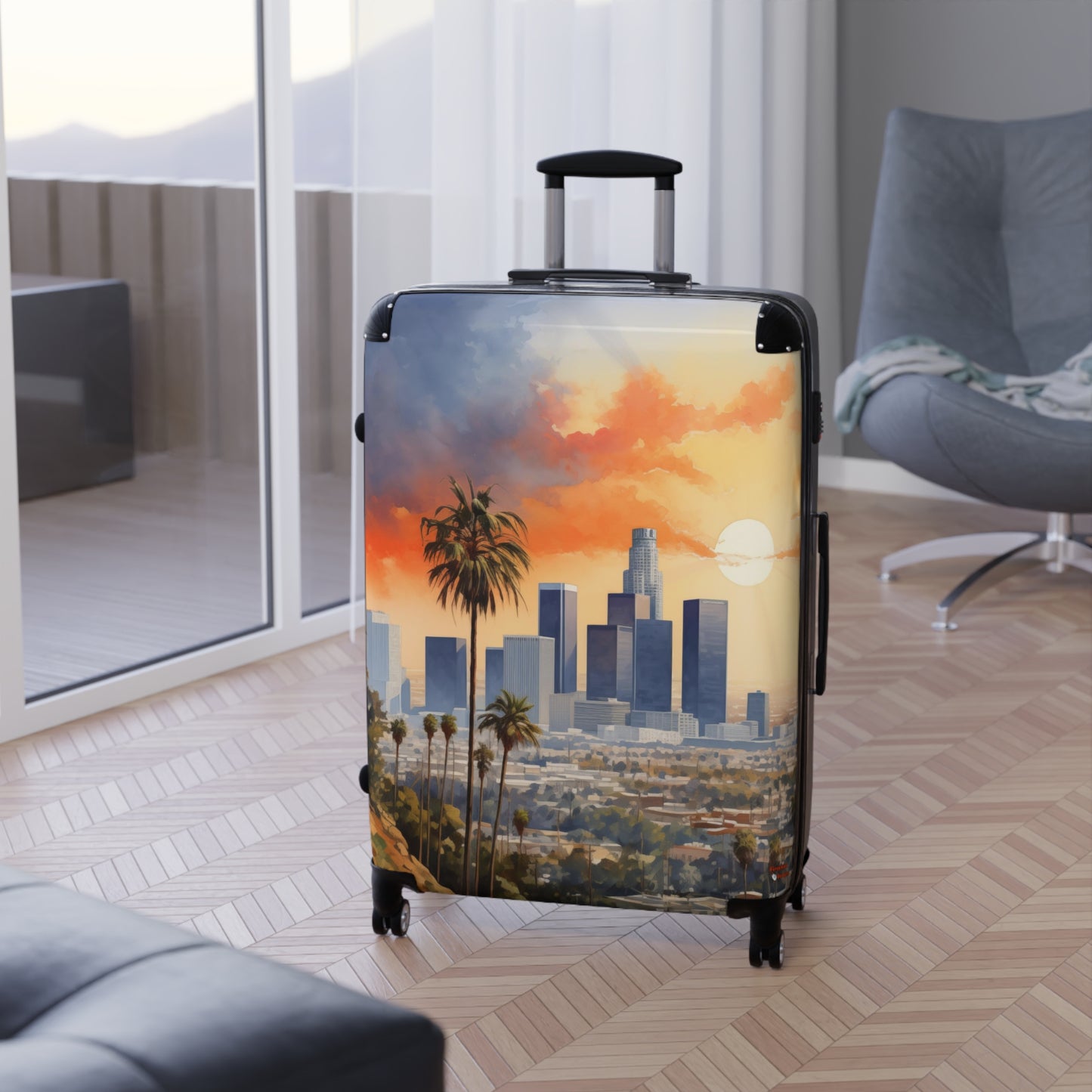 Los Angeles Suitcase | Cityscape Skyline City of Angels Bag Duffle Carry-On Watercolor Traveler California Sunset CA Garment Suit Case