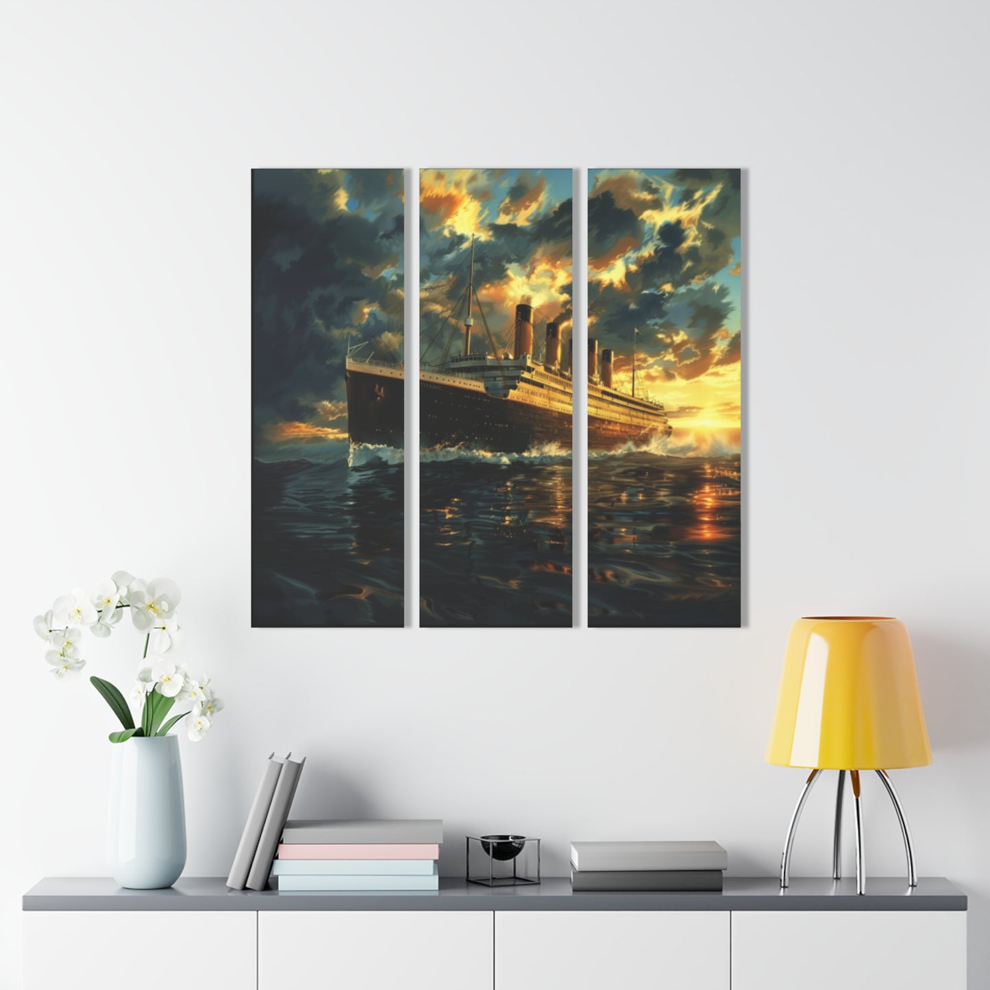 Titanic Acrylic Wall Art Triptych, 36x12 inches Horizontal or 12x36 inches Vertical, Watercolor Image, Hand Polished, Includes Hanging Hardware