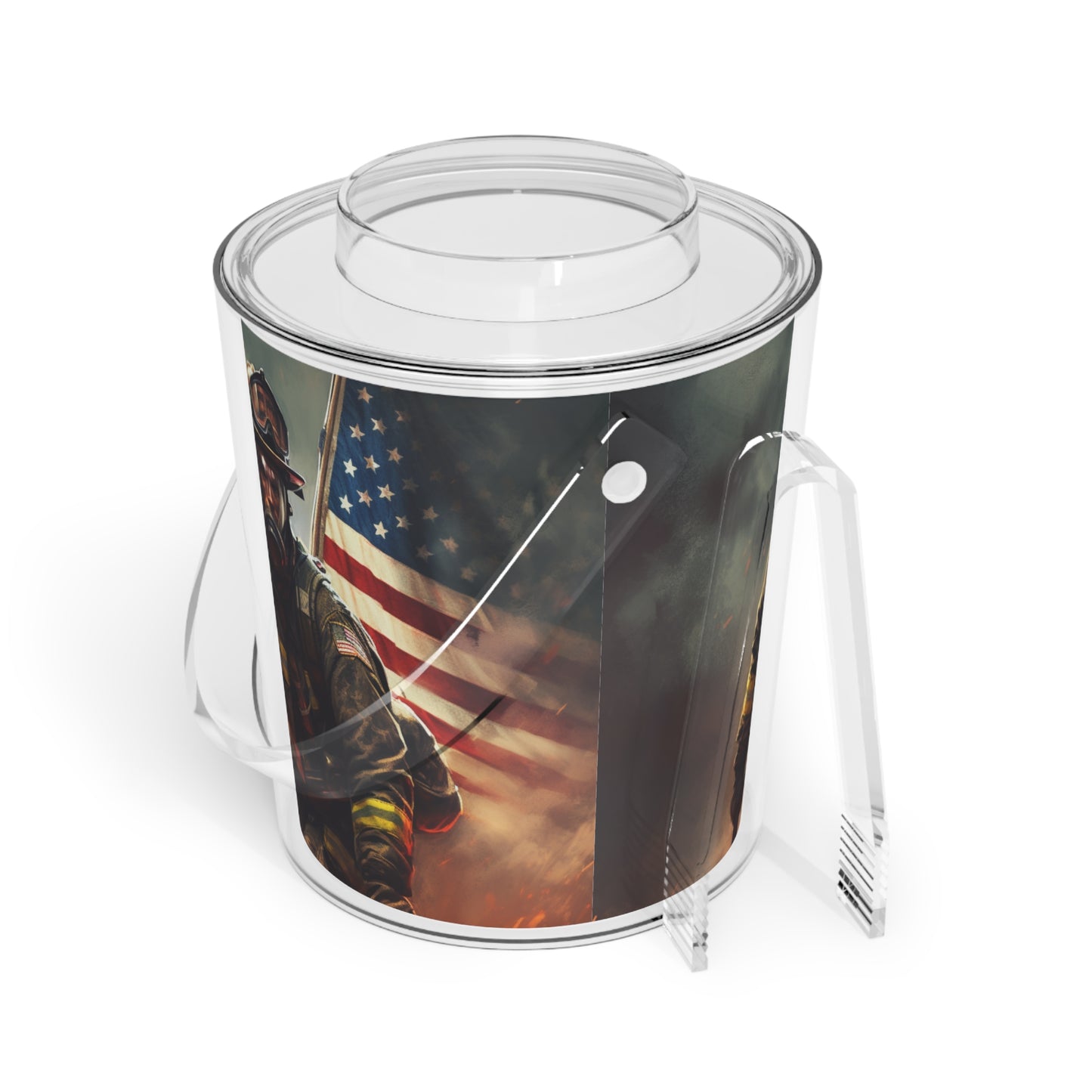 American Firefighter Themed Ice Bucket with Tongs, 3 qt Capacity, Acrylic Lucite, Wraparound Print