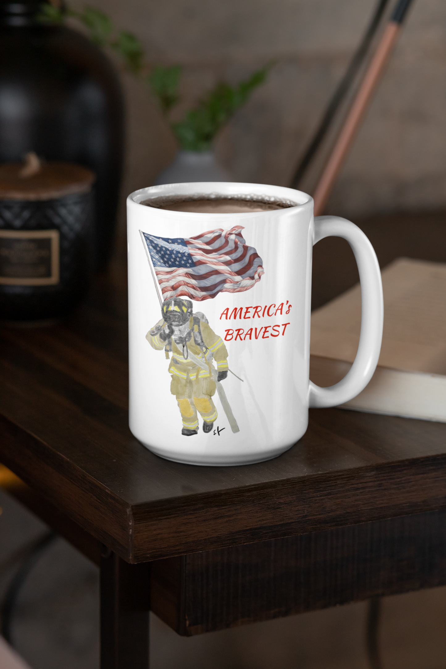 America's Bravest Ceramic Mug 15oz | American Firefighter 4th of July Patriotic Flag Waving Old Glory Fireman Fire Fighter Coffee Cup