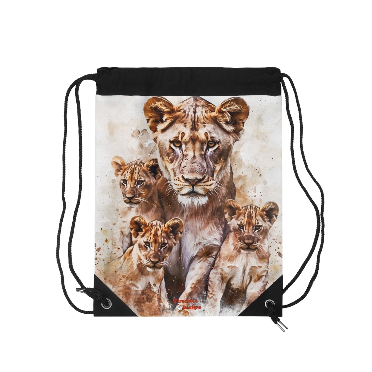 Watercolor Animal Drawstring Backpacks, Elephant, Lioness with Cubs, Whale with Calf Designs, 100% Polyester, Lined, Zipper Pocket