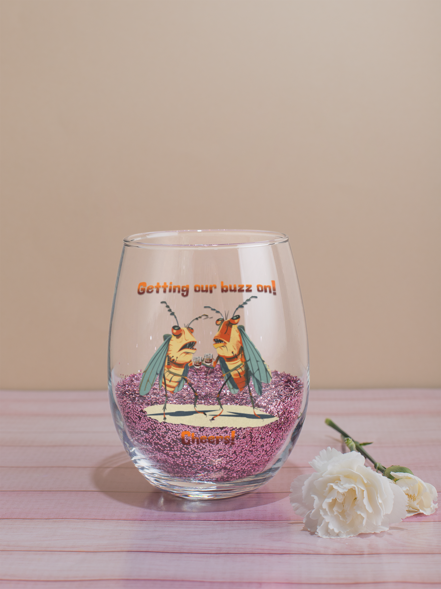 Whiskey Glasses with Cicada Cartoon Print, 6 oz (0.17L), 'Getting Our Buzz On!' Vibrant Colors, Modern Design, Bourbon Glass