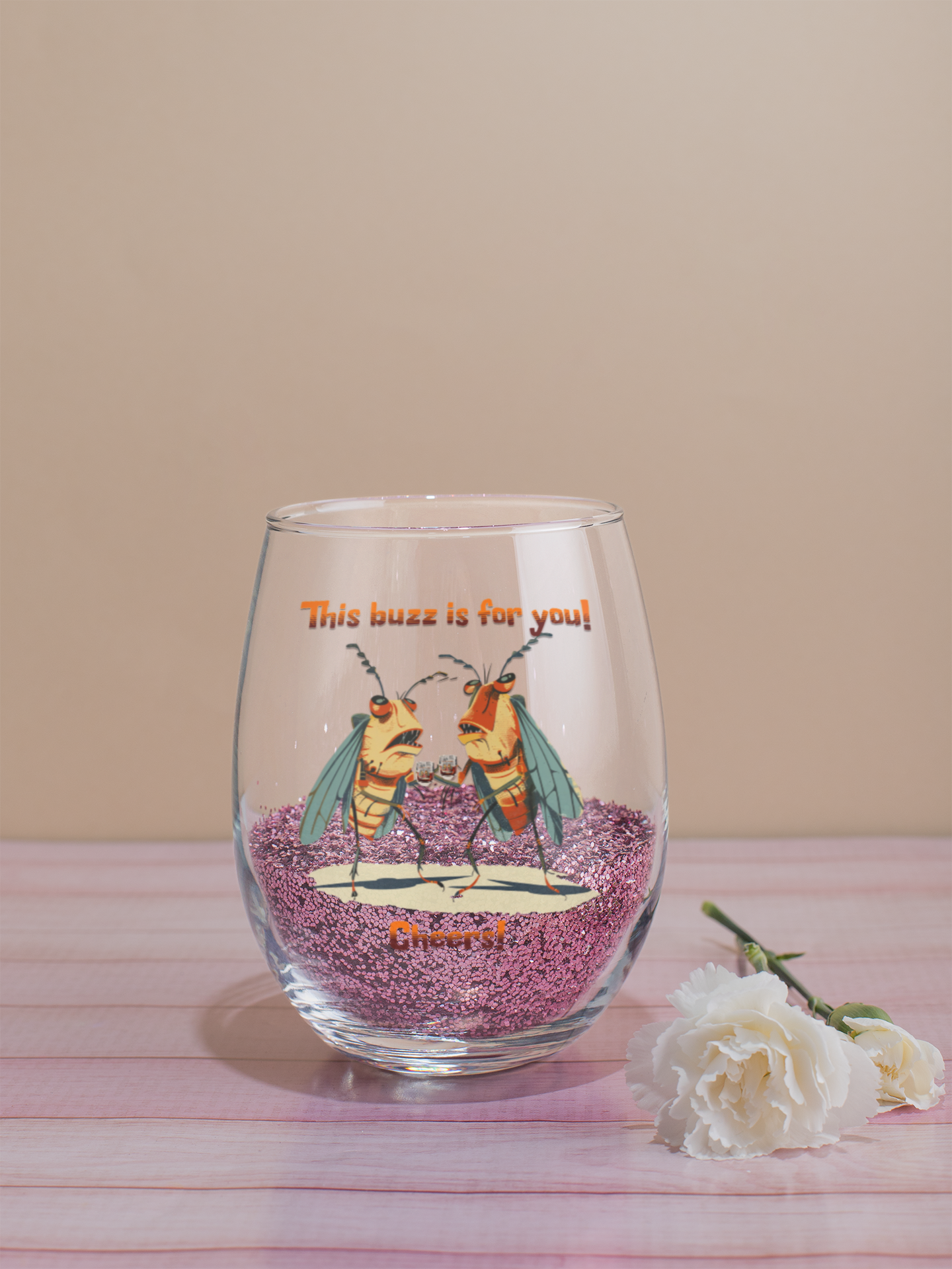 Whiskey Glass with Cicada Cartoon Print, 6oz (0.17L), Cheers! This Buzz Is for You, Bourbon Glass