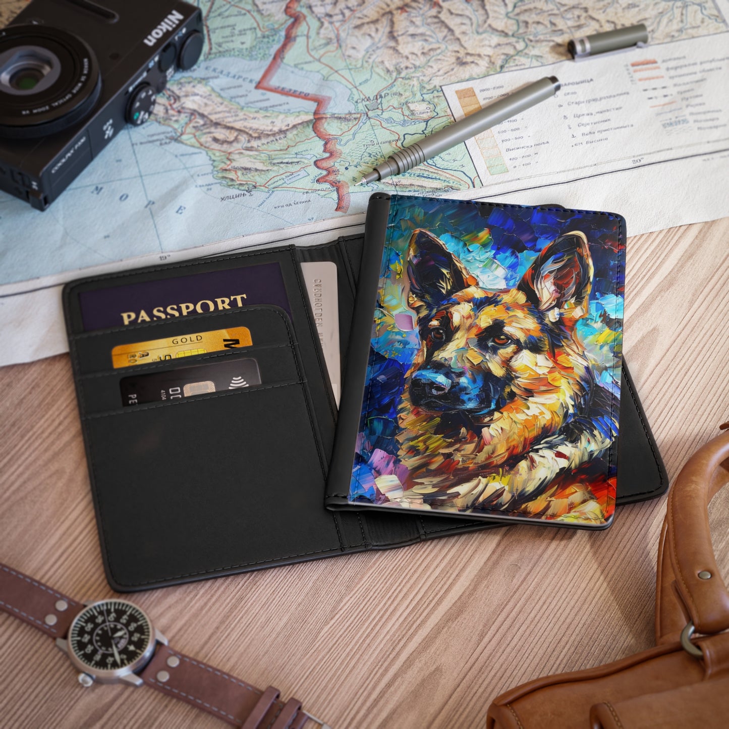 Passport Cover, Faux Leather, German Shepherd Design, 3.9" x 5.8", RFID Blocking, 2 Variations (Oil Painting/Watercolor)