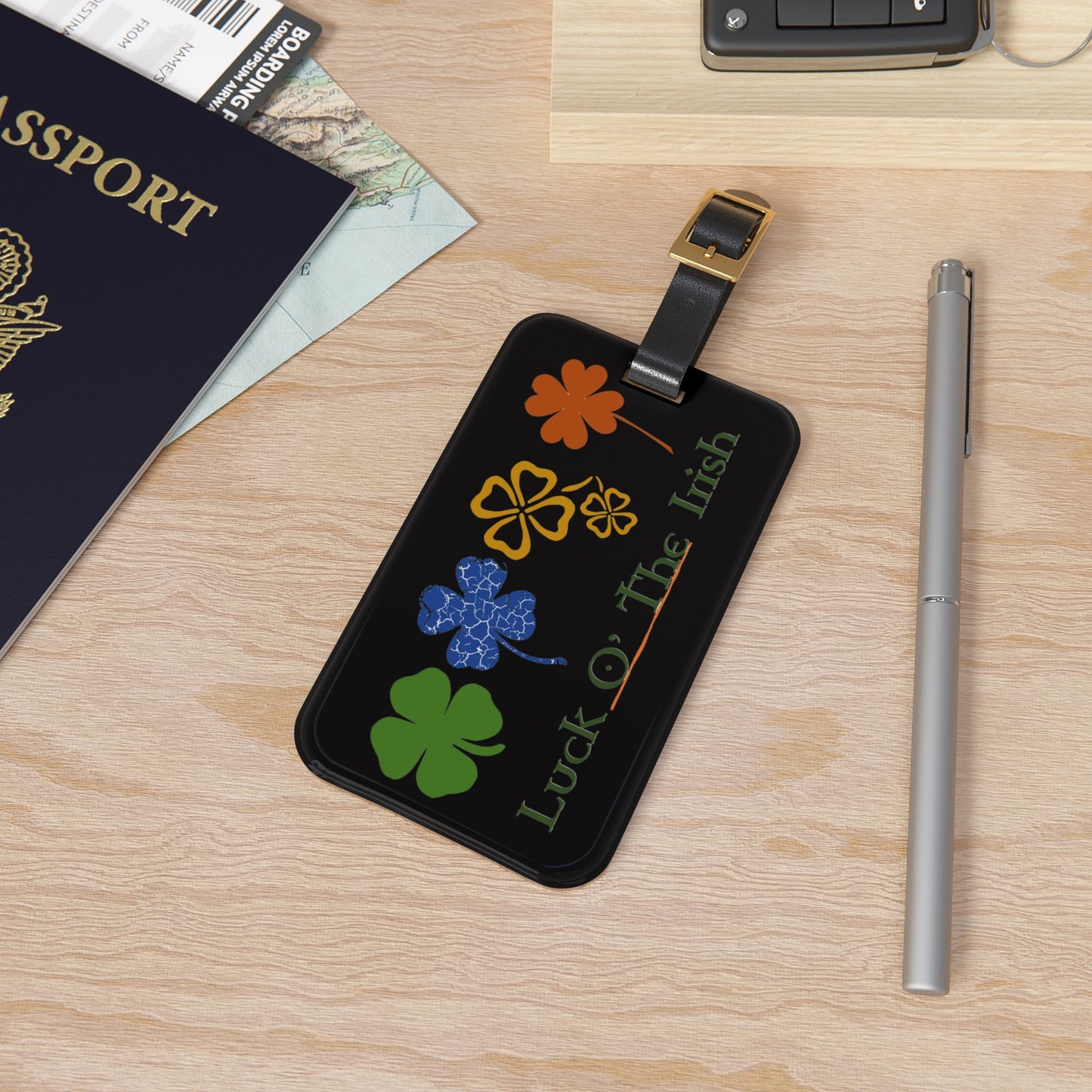 Irish Acrylic Luggage Tags, 2.4 x 4 inches, 3 Text Designs, 4 Leaf Clover Prints