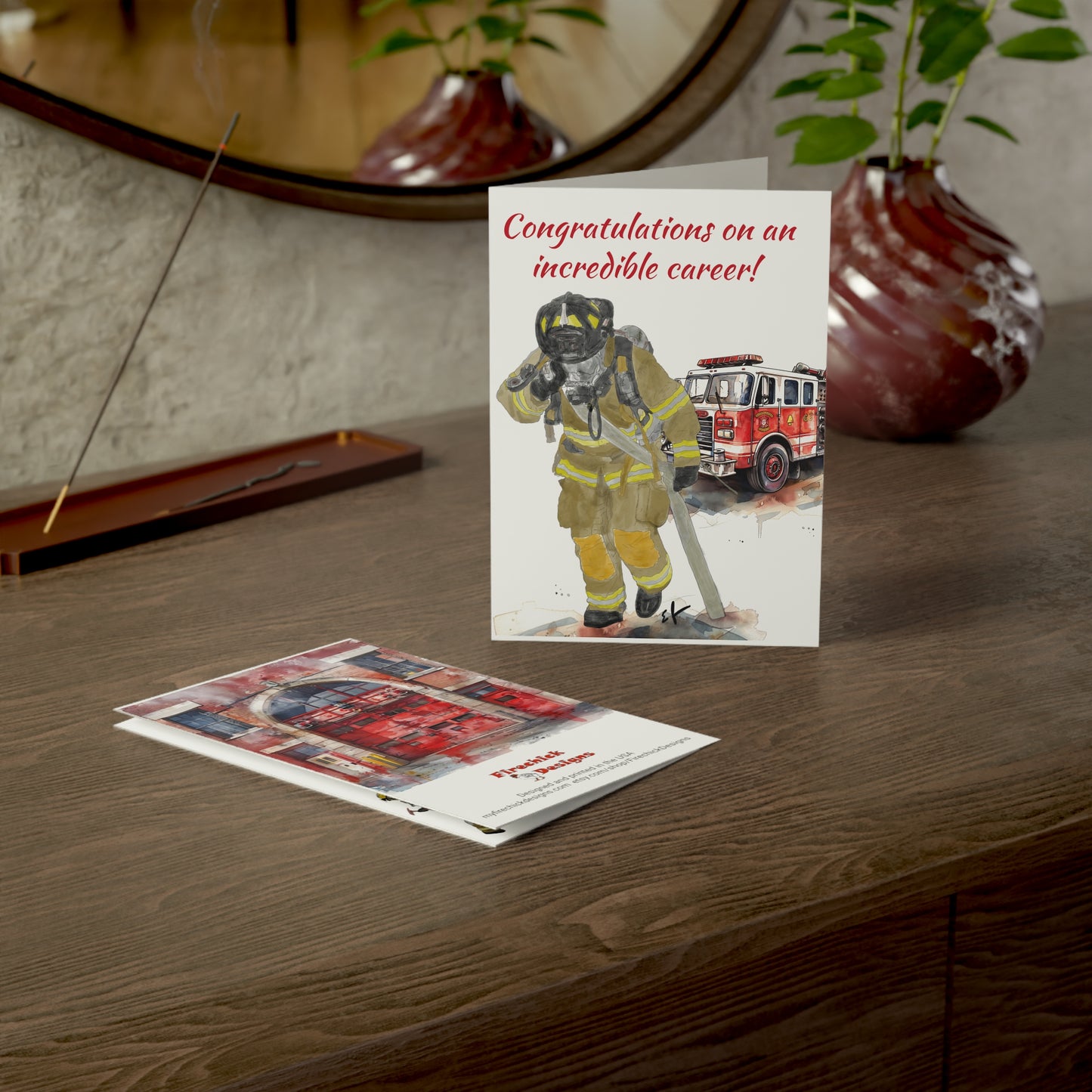 Firefighter Retirement Congratulations Greeting Card (1ea. or 10 pack), 5x7 inches, 270gsm Paper, Watercolor Fire Station Design, Envelope Included