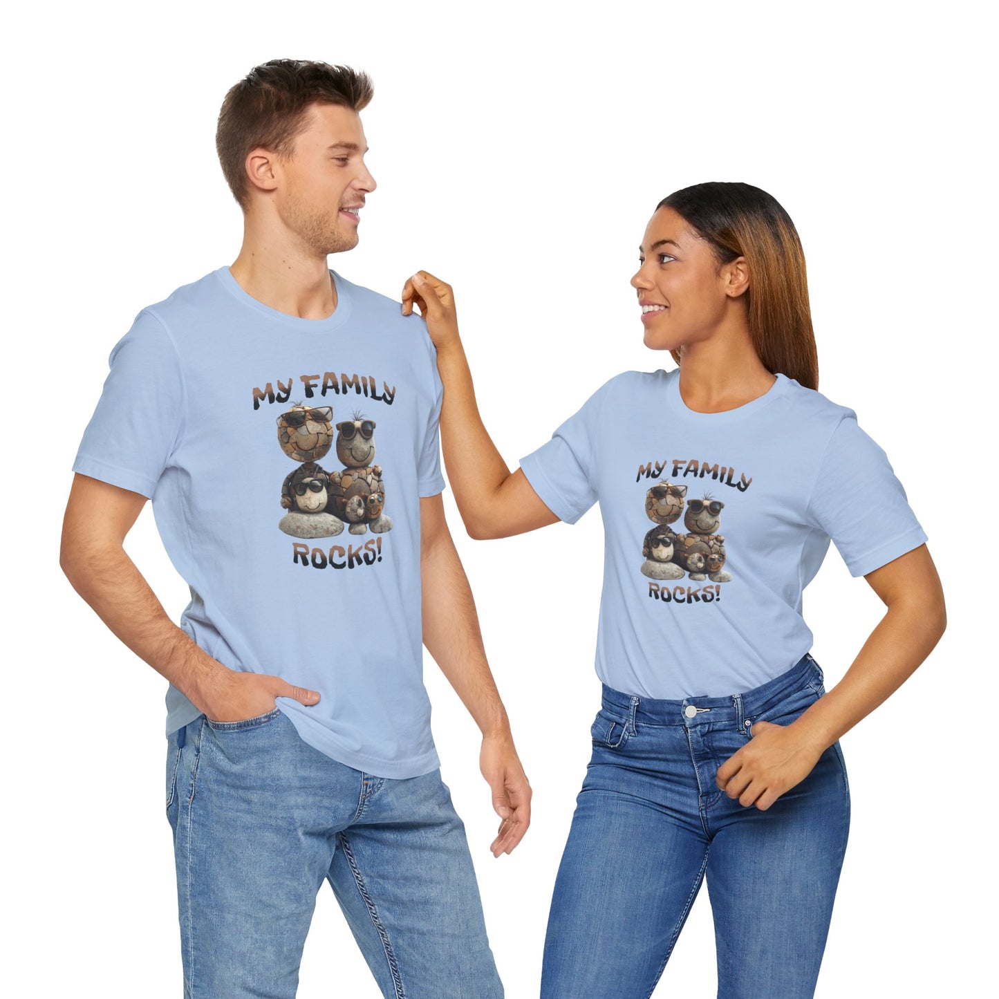 My Family Rocks! Cartoon Family T-Shirt, Short Sleeve, White or Baby Blue, Retail Fit, Cotton Blend