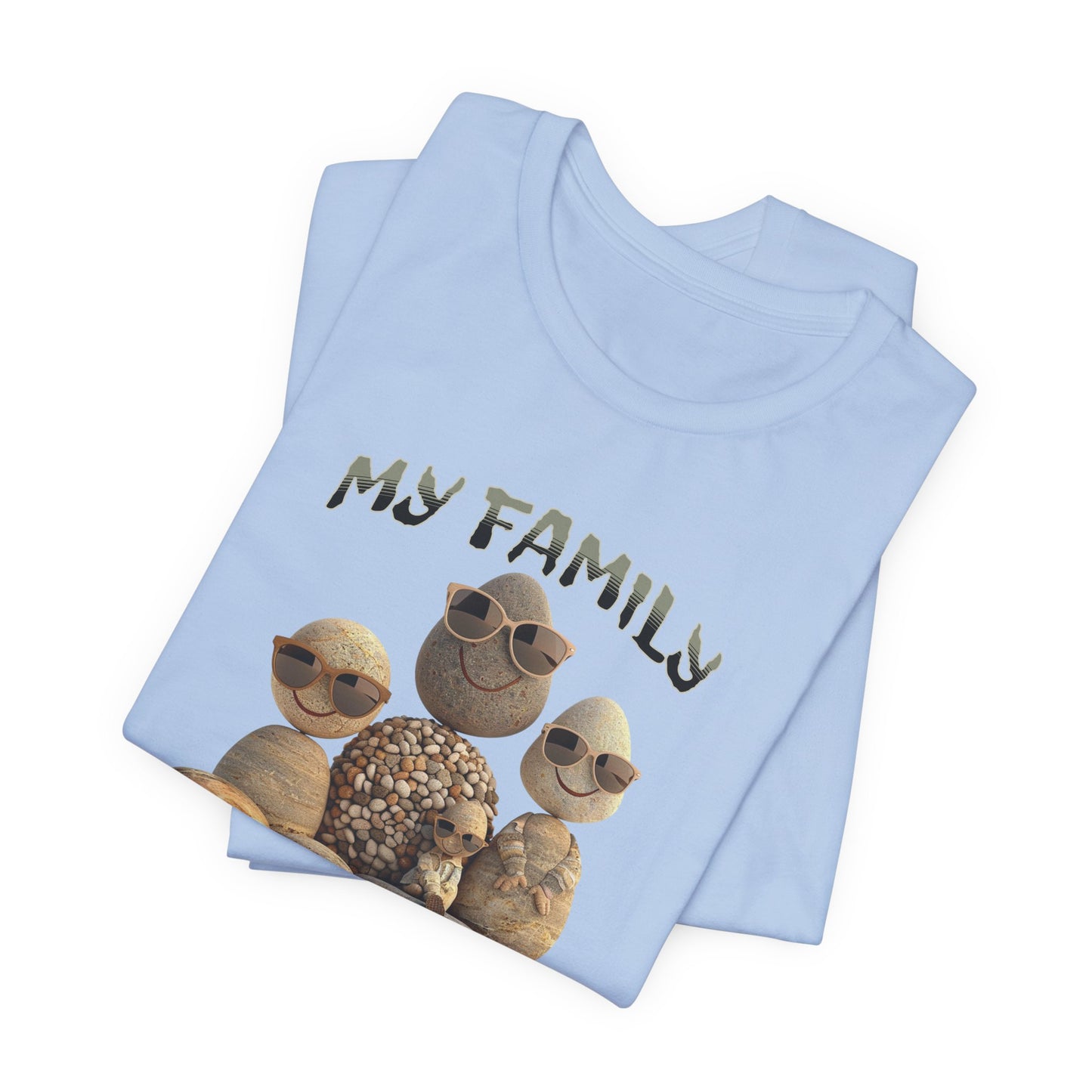 Family Rocks T-Shirt with Cartoon Image, Ribbed Collar, Dual Seams, Tapered Shoulders, 100% Cotton, White, Natural or Baby Blue, S-XL