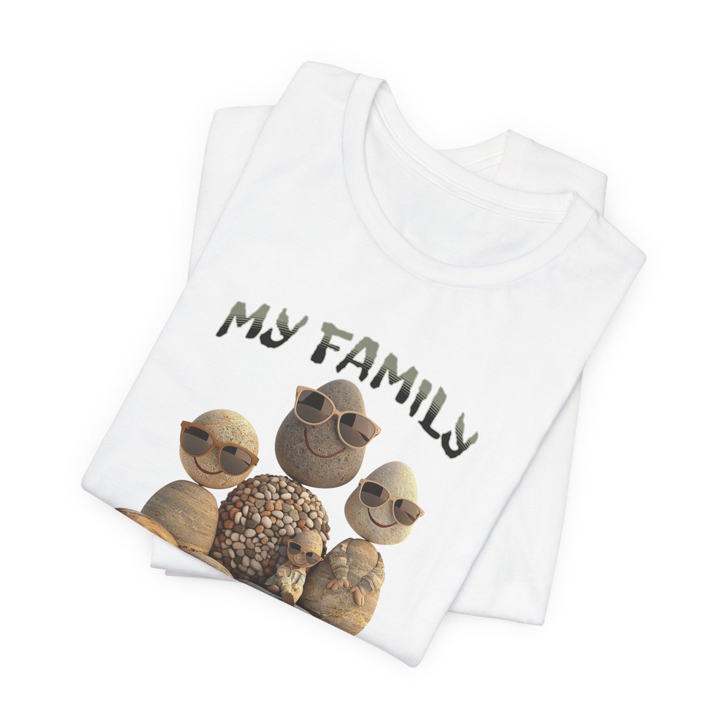 Family Rocks T-Shirt with Cartoon Image, Ribbed Collar, Dual Seams, Tapered Shoulders, 100% Cotton, White, Natural or Baby Blue, S-XL