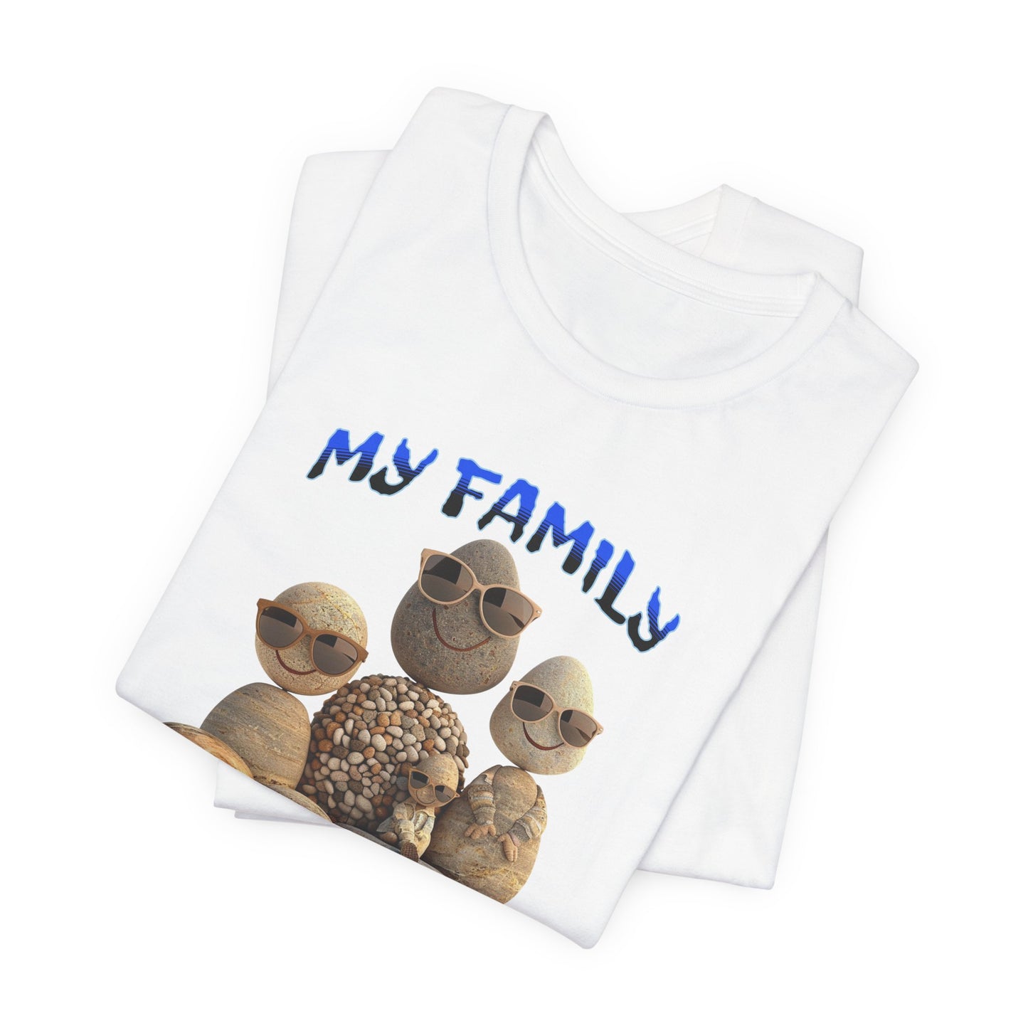 Family Rocks T-Shirt with Cartoon Image, Ribbed Collar, Dual Seams, Tapered Shoulders, 100% Cotton, White, Natural or Baby Blue, S-XL