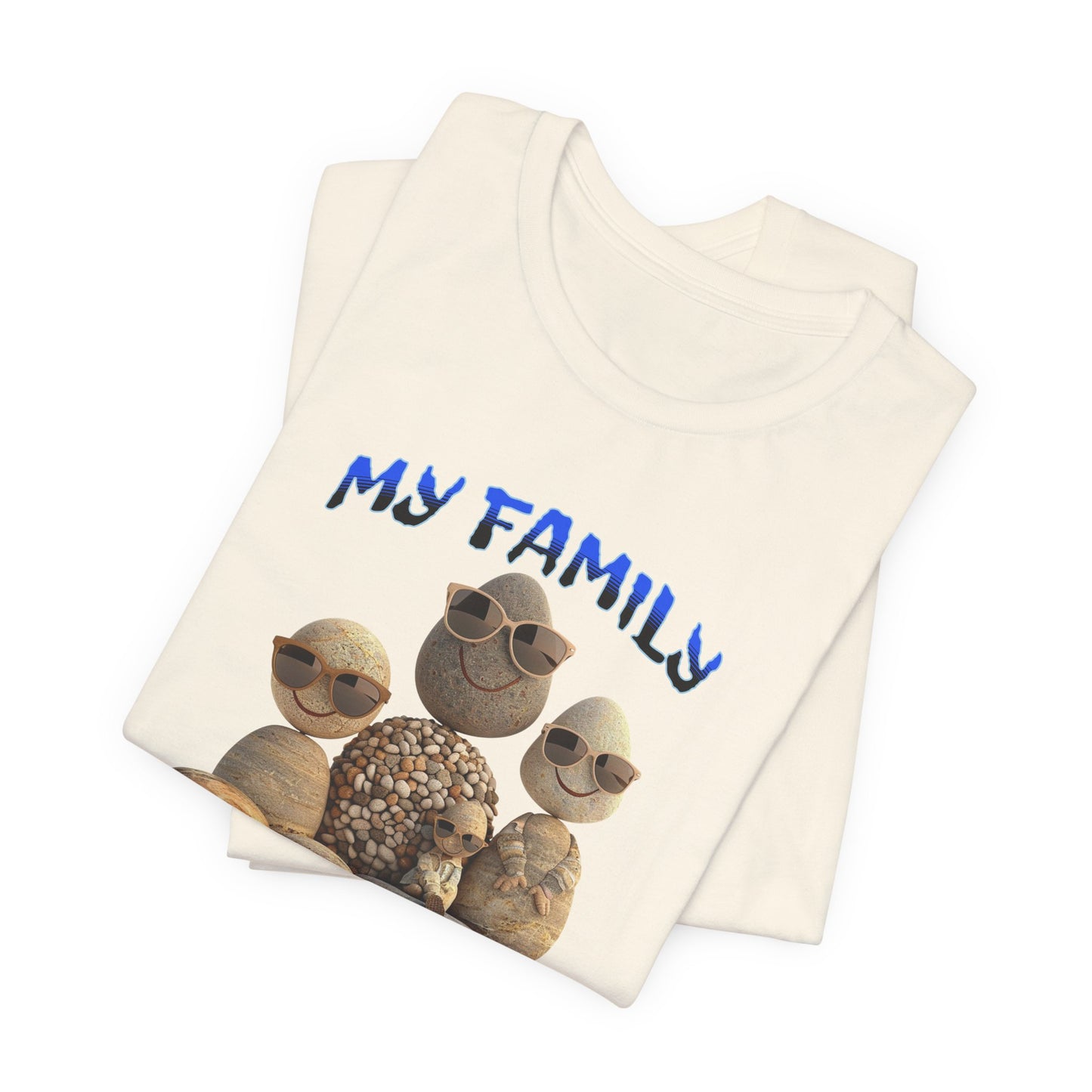 Family Rocks T-Shirt with Cartoon Image, Ribbed Collar, Dual Seams, Tapered Shoulders, 100% Cotton, White, Natural or Baby Blue, S-XL