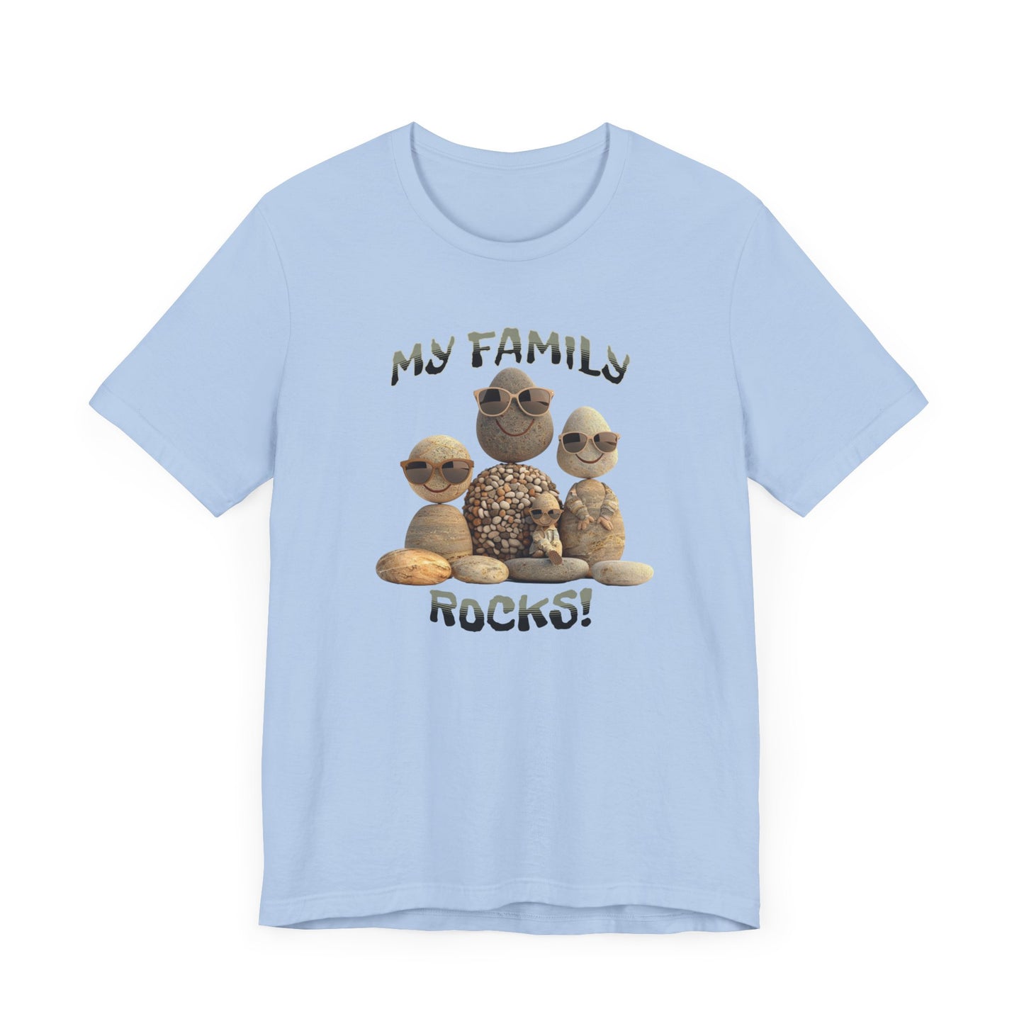 Family Rocks T-Shirt with Cartoon Image, Ribbed Collar, Dual Seams, Tapered Shoulders, 100% Cotton, White, Natural or Baby Blue, S-XL