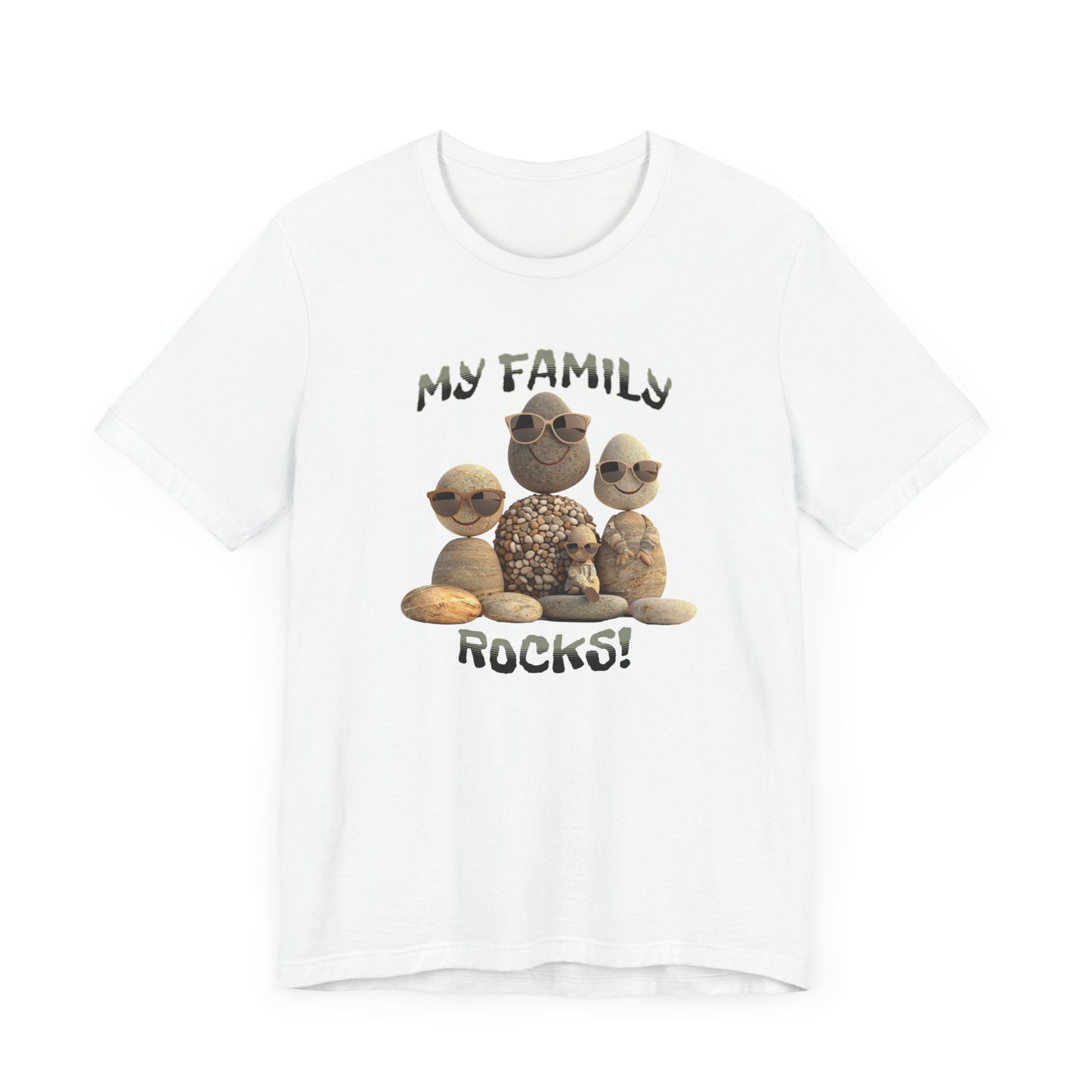 Family Rocks T-Shirt with Cartoon Image, Ribbed Collar, Dual Seams, Tapered Shoulders, 100% Cotton, White, Natural or Baby Blue, S-XL