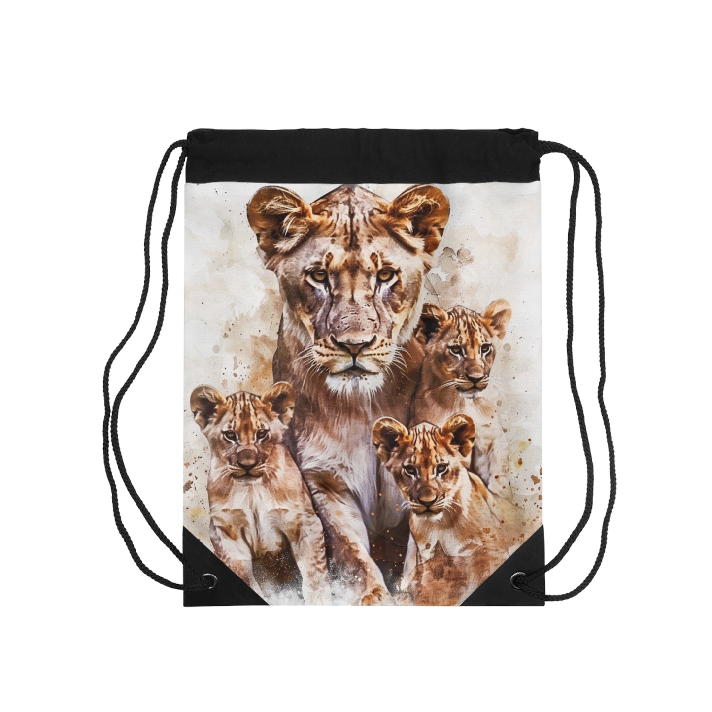 Watercolor Animal Drawstring Backpacks, Elephant, Lioness with Cubs, Whale with Calf Designs, 100% Polyester, Lined, Zipper Pocket