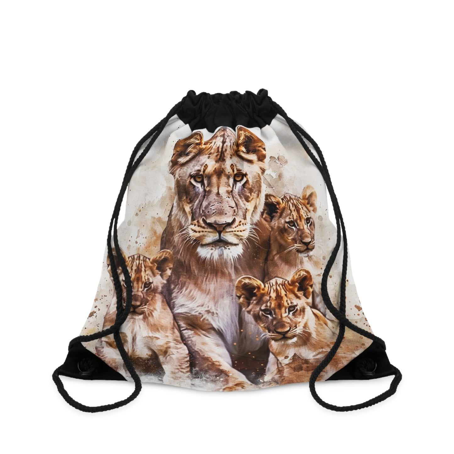 Watercolor Animal Drawstring Backpacks, Elephant, Lioness with Cubs, Whale with Calf Designs, 100% Polyester, Lined, Zipper Pocket