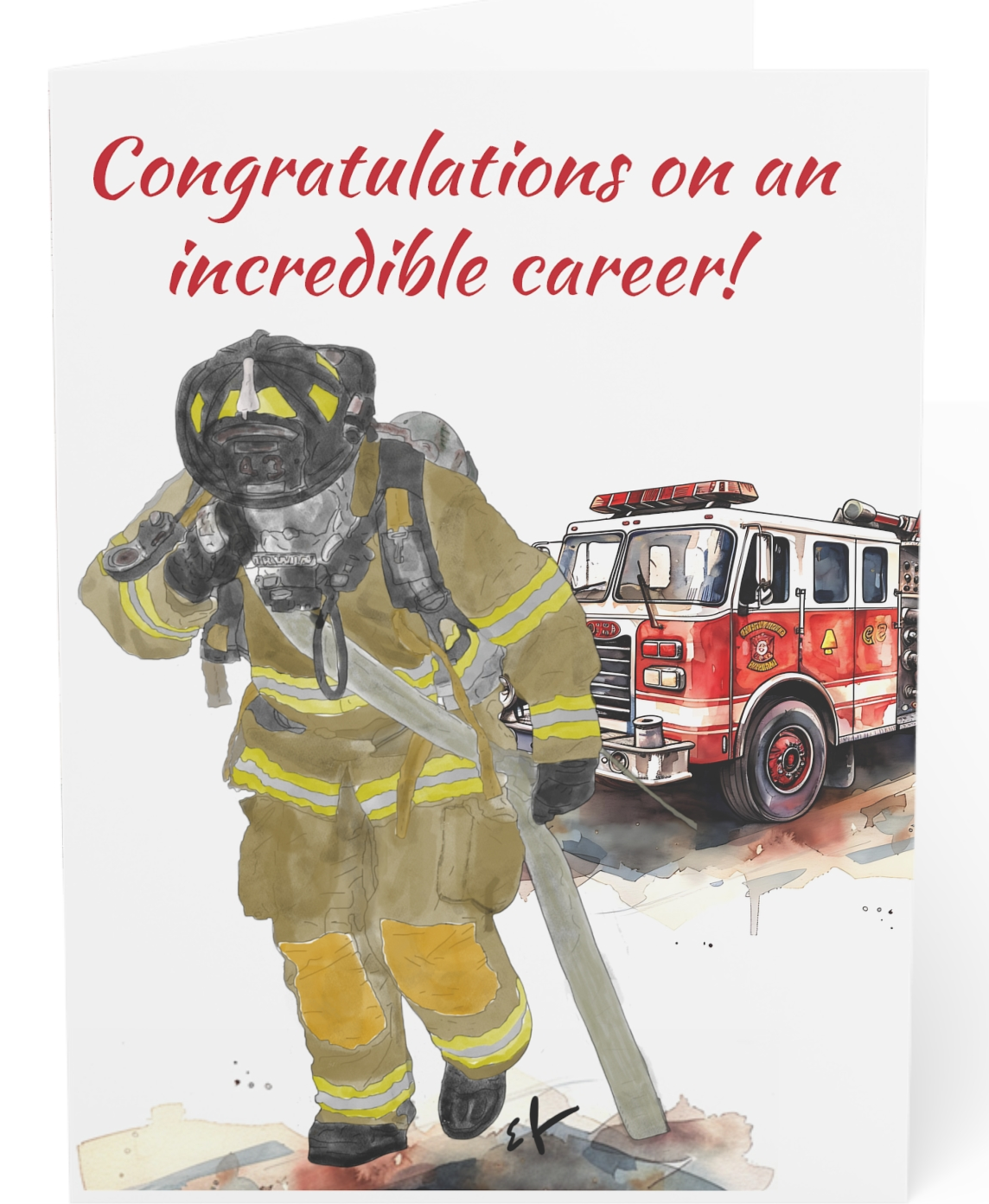 Firefighter Retirement Congratulations Greeting Card (1ea. or 10 pack), 5x7 inches, 270gsm Paper, Watercolor Fire Station Design, Envelope Included