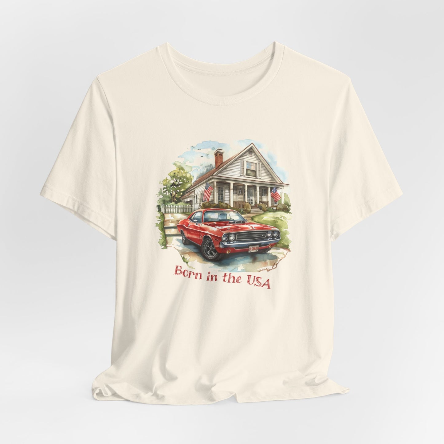 Born in the USA Unisex Jersey Short Sleeve Tee, Watercolor American Muscle Car Design, 100% Cotton/Cotton Blend, White/Natural, Car Guy Gift