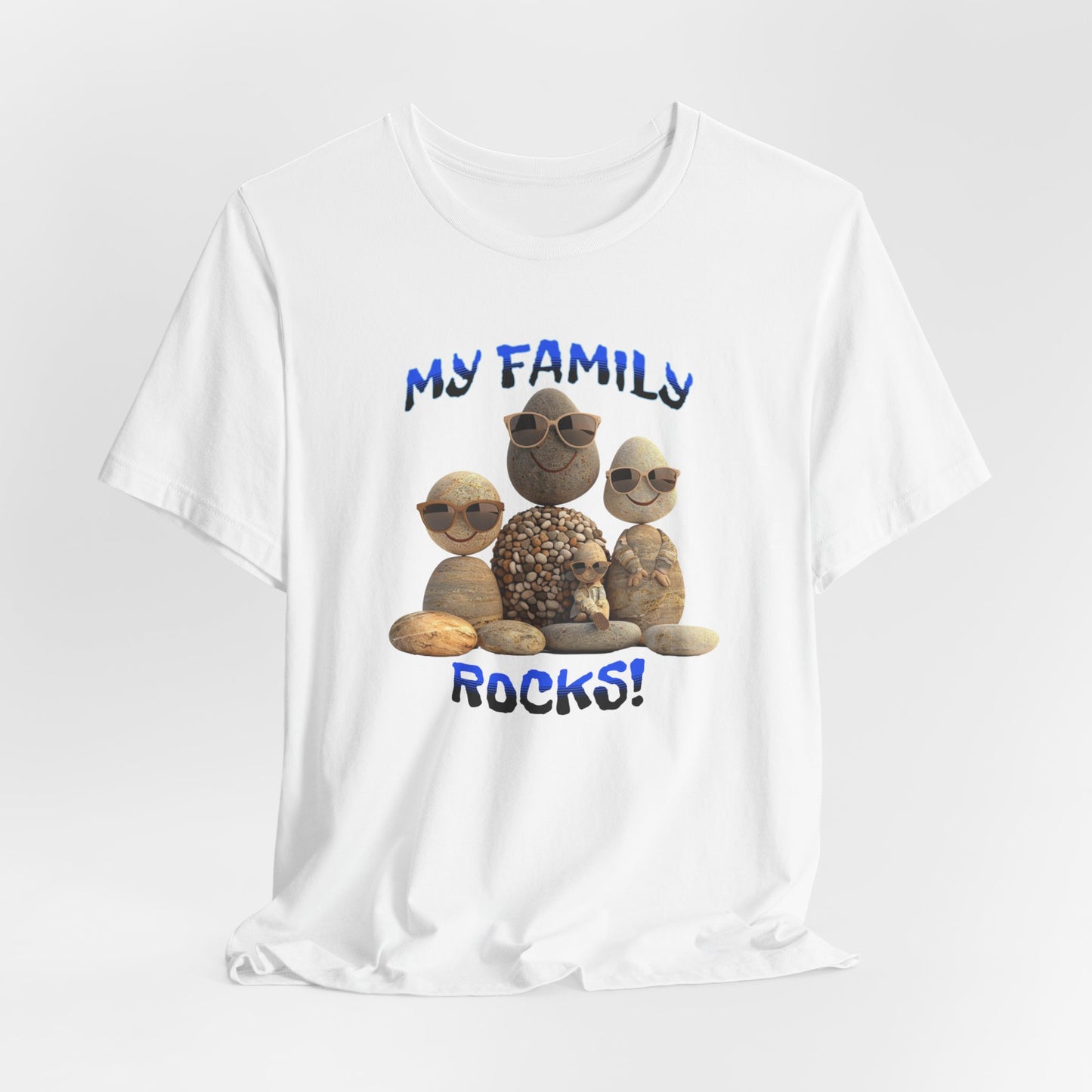 Family Rocks T-Shirt with Cartoon Image, Ribbed Collar, Dual Seams, Tapered Shoulders, 100% Cotton, White, Natural or Baby Blue, S-XL