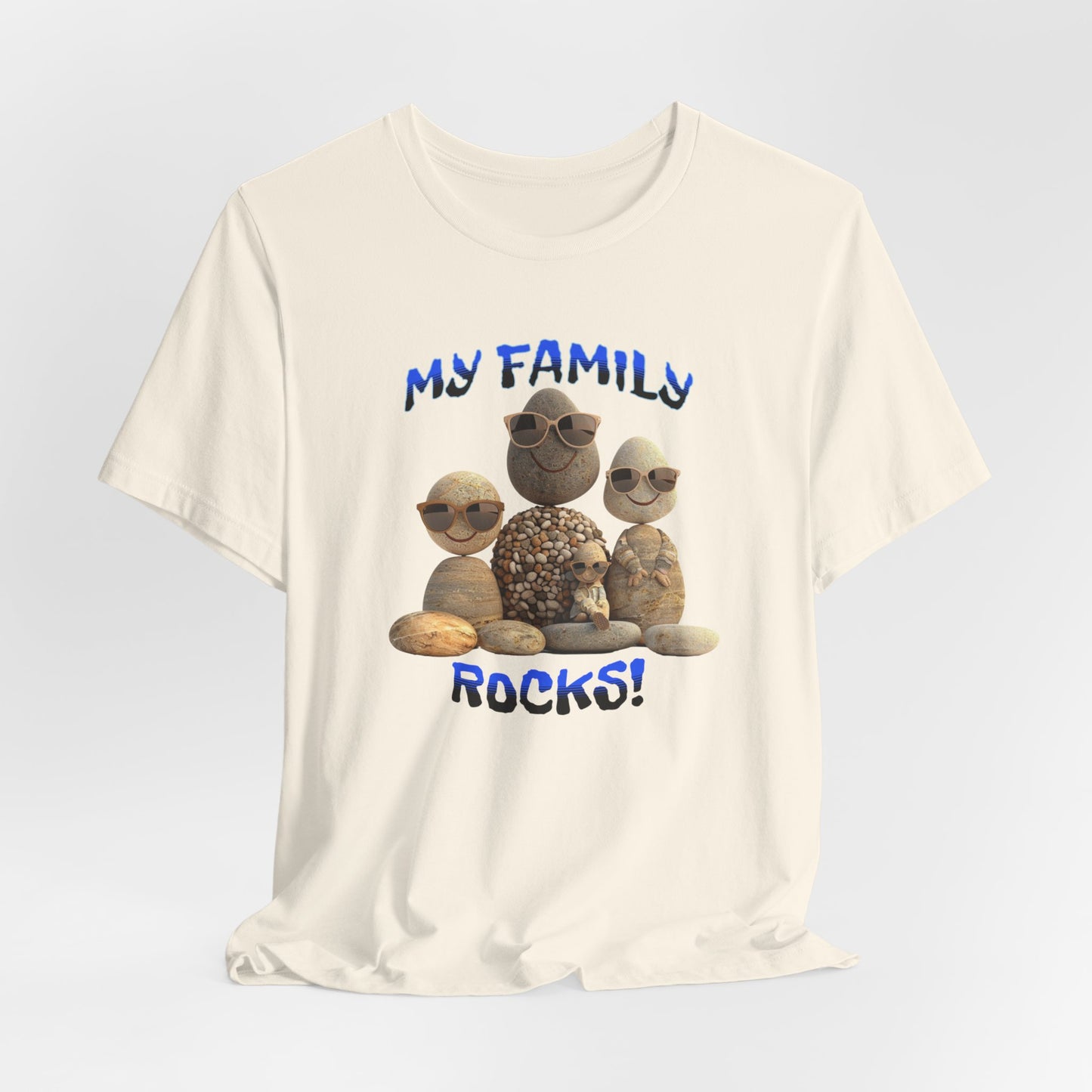 Family Rocks T-Shirt with Cartoon Image, Ribbed Collar, Dual Seams, Tapered Shoulders, 100% Cotton, White, Natural or Baby Blue, S-XL