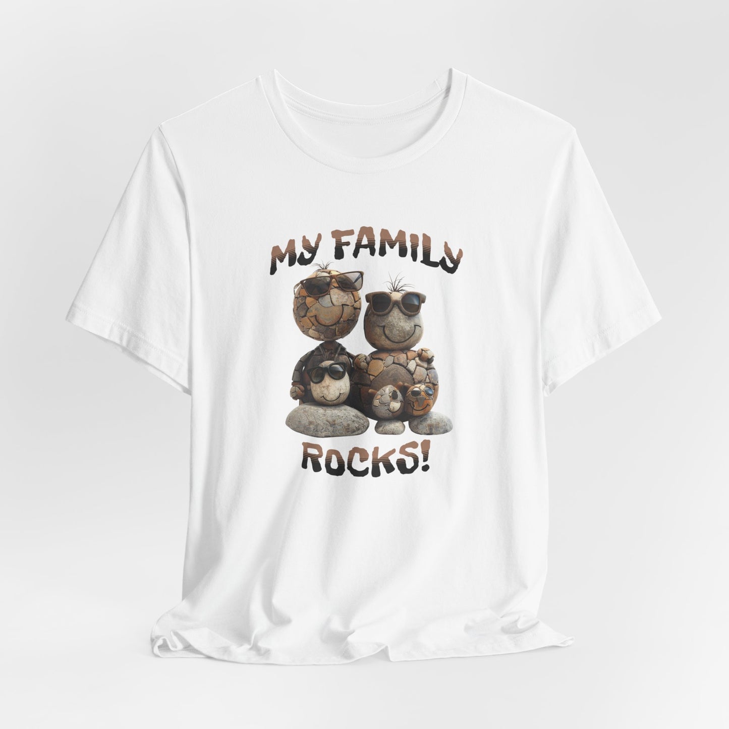 My Family Rocks! Cartoon Family T-Shirt, Short Sleeve, White or Baby Blue, Retail Fit, Cotton Blend