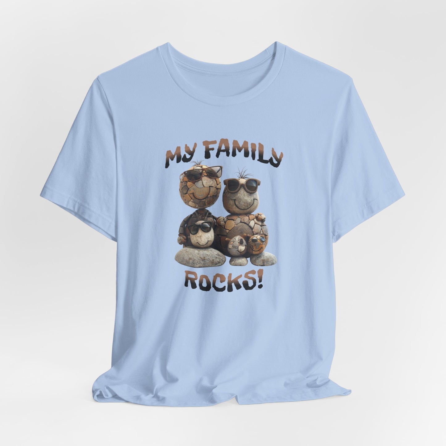 My Family Rocks! Cartoon Family T-Shirt, Short Sleeve, White or Baby Blue, Retail Fit, Cotton Blend