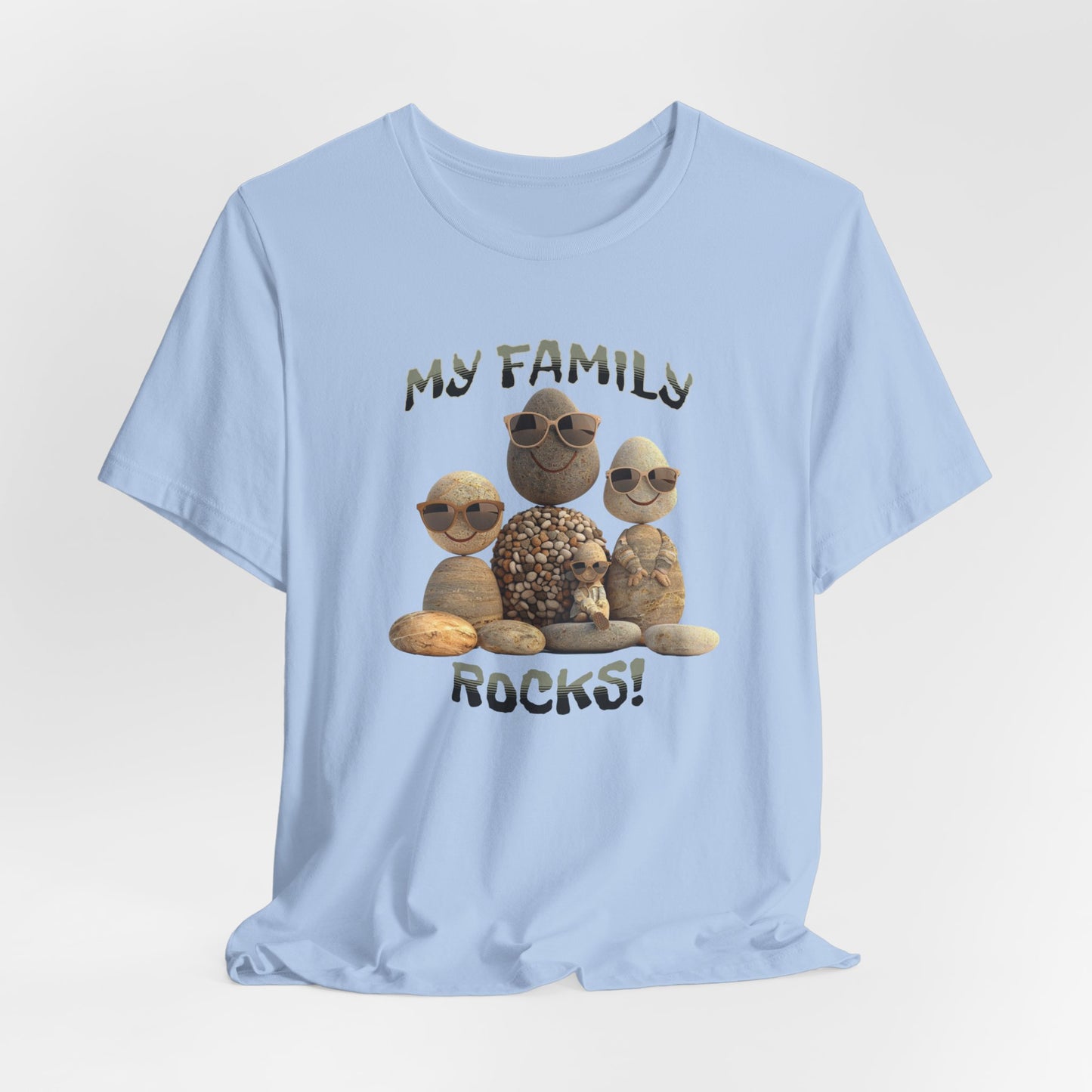 Family Rocks T-Shirt with Cartoon Image, Ribbed Collar, Dual Seams, Tapered Shoulders, 100% Cotton, White, Natural or Baby Blue, S-XL