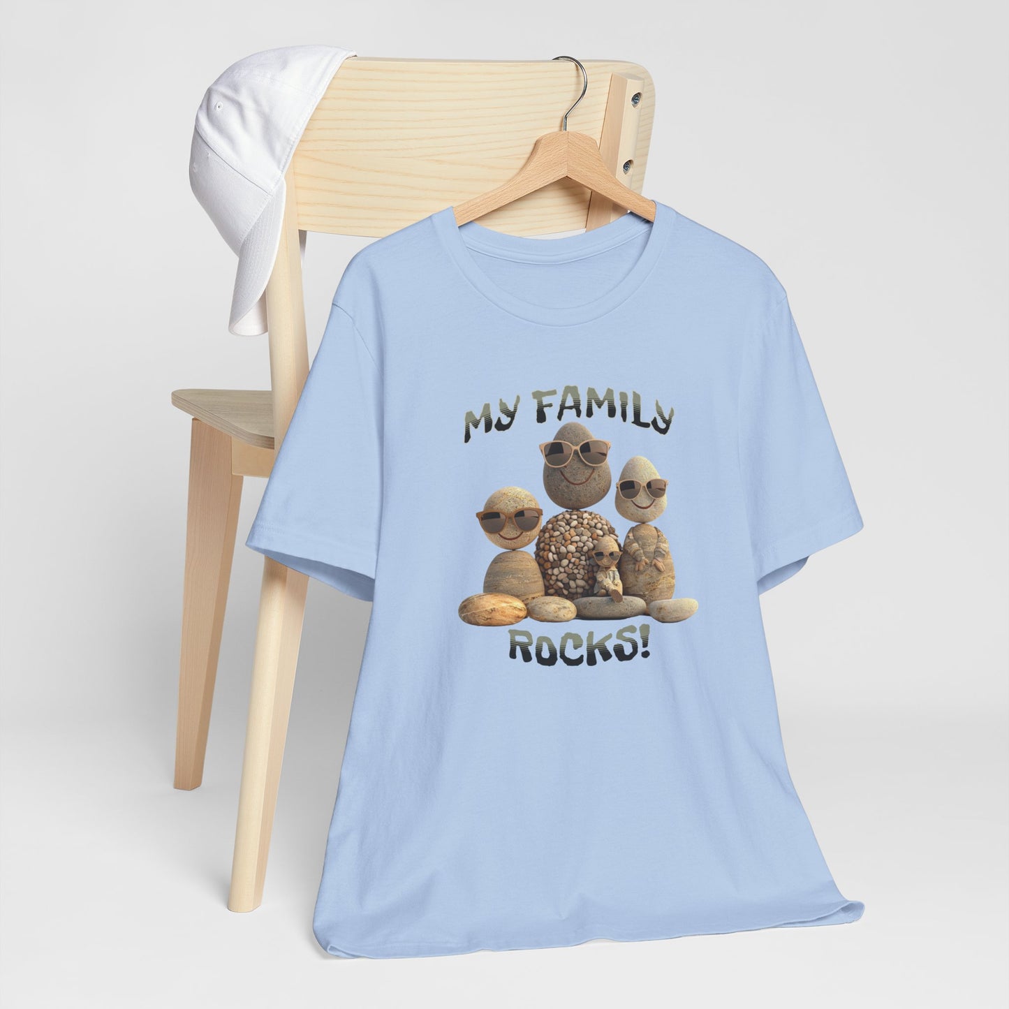 Family Rocks T-Shirt with Cartoon Image, Ribbed Collar, Dual Seams, Tapered Shoulders, 100% Cotton, White, Natural or Baby Blue, S-XL