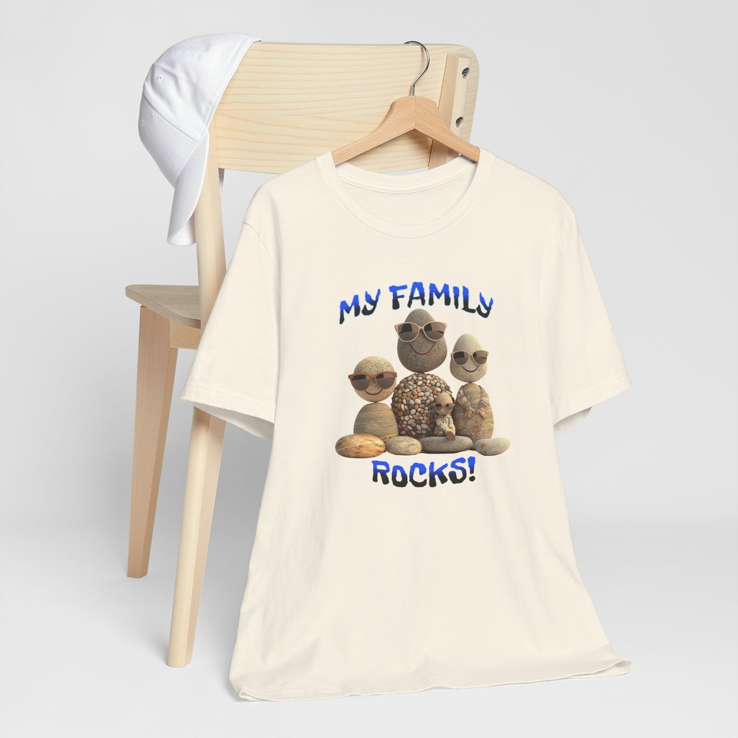 Family Rocks T-Shirt with Cartoon Image, Ribbed Collar, Dual Seams, Tapered Shoulders, 100% Cotton, White, Natural or Baby Blue, S-XL