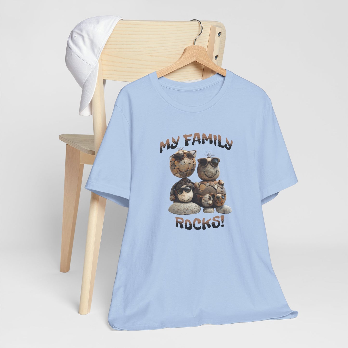 My Family Rocks! Cartoon Family T-Shirt, Short Sleeve, White or Baby Blue, Retail Fit, Cotton Blend