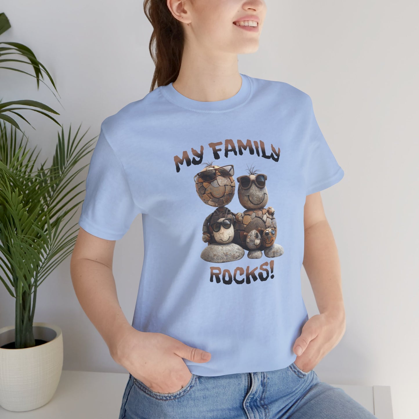 My Family Rocks! Cartoon Family T-Shirt, Short Sleeve, White or Baby Blue, Retail Fit, Cotton Blend