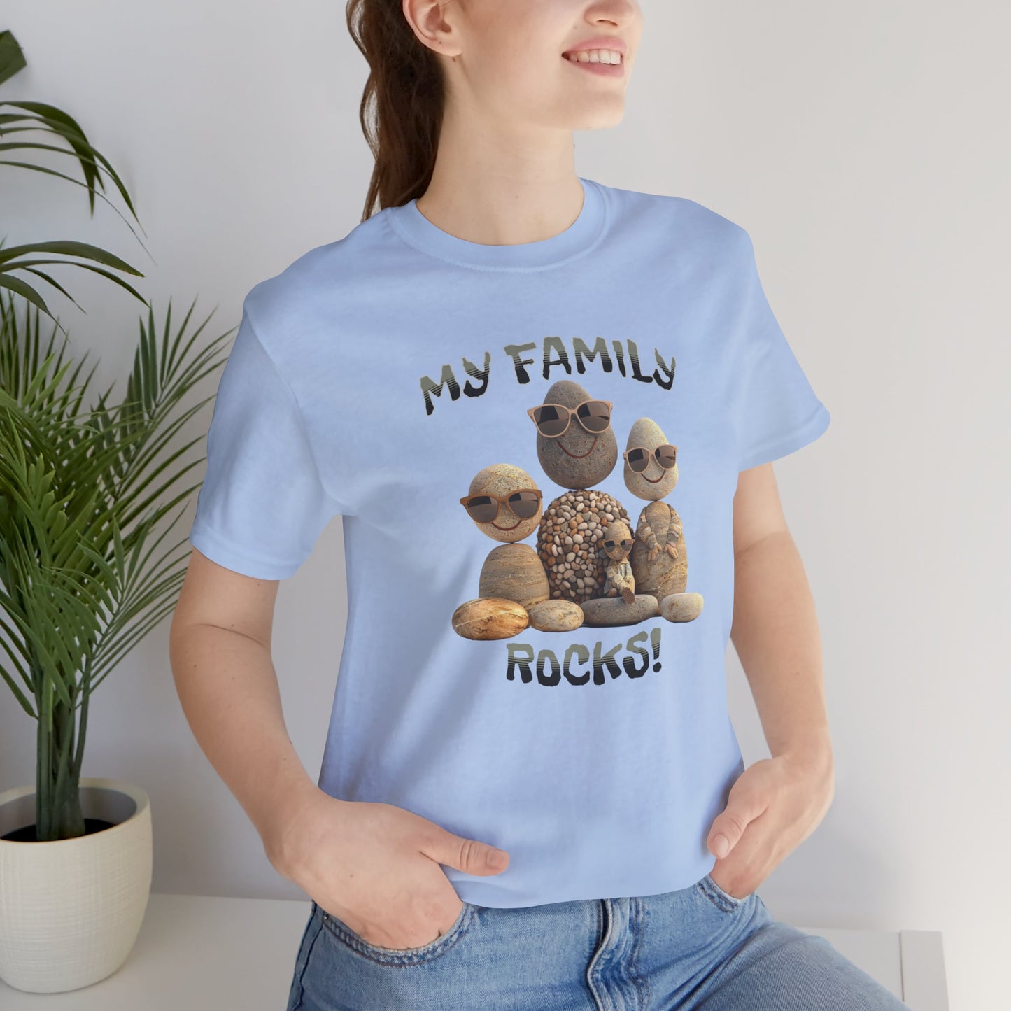 Family Rocks T-Shirt with Cartoon Image, Ribbed Collar, Dual Seams, Tapered Shoulders, 100% Cotton, White, Natural or Baby Blue, S-XL