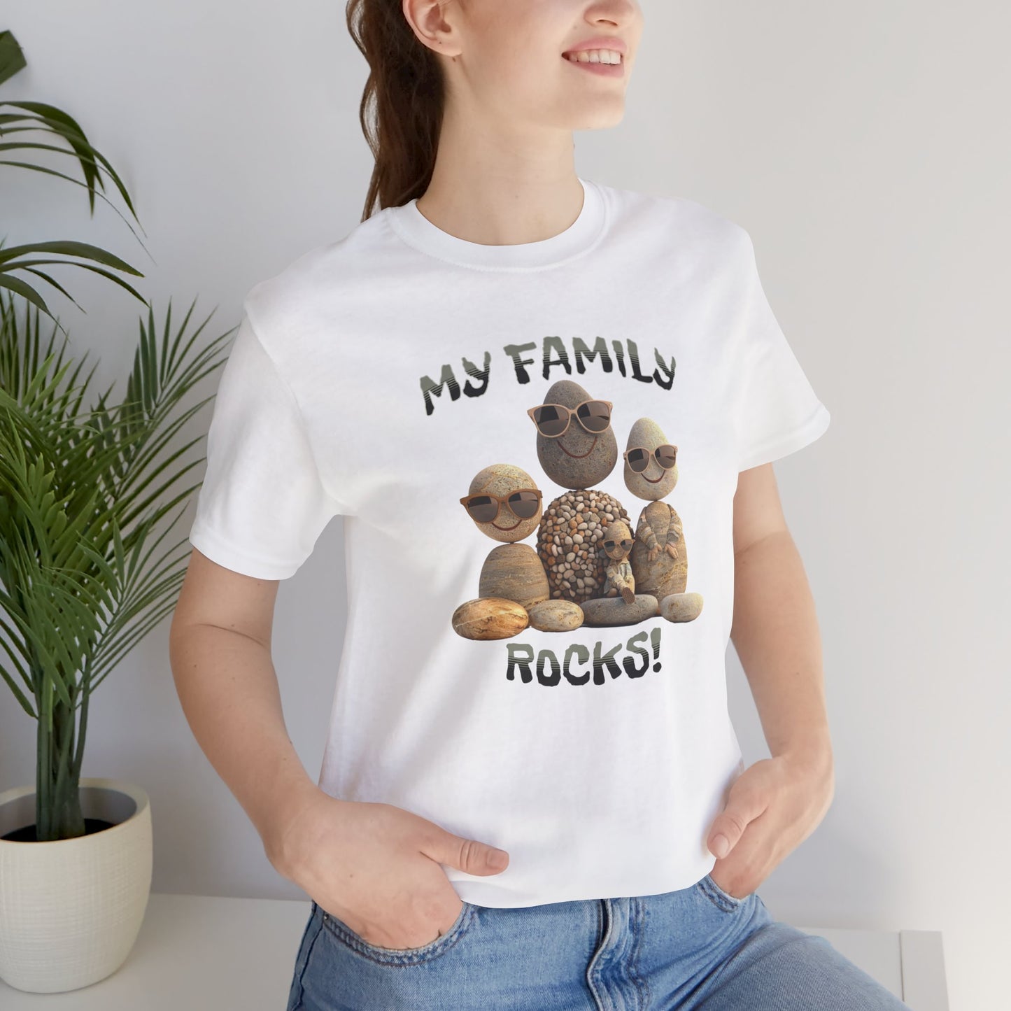 Family Rocks T-Shirt with Cartoon Image, Ribbed Collar, Dual Seams, Tapered Shoulders, 100% Cotton, White, Natural or Baby Blue, S-XL