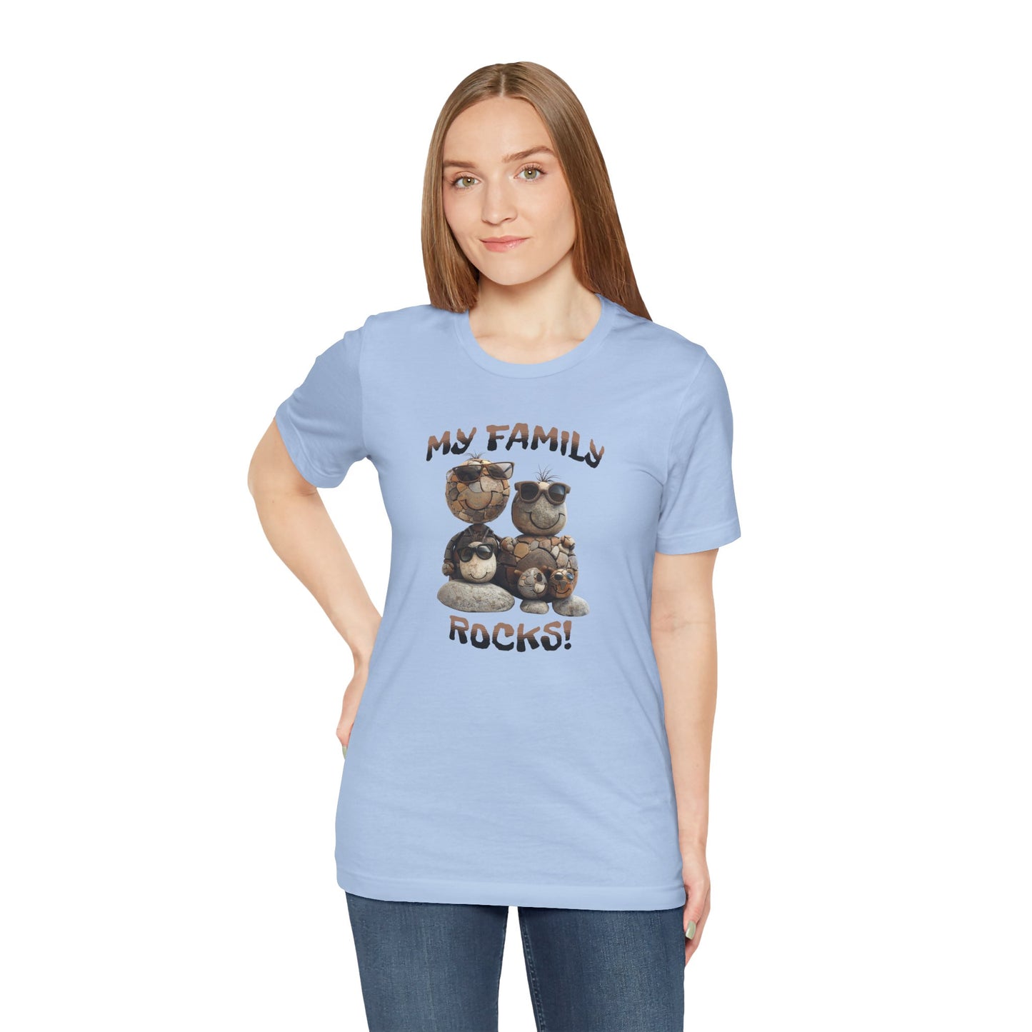 My Family Rocks! Cartoon Family T-Shirt, Short Sleeve, White or Baby Blue, Retail Fit, Cotton Blend