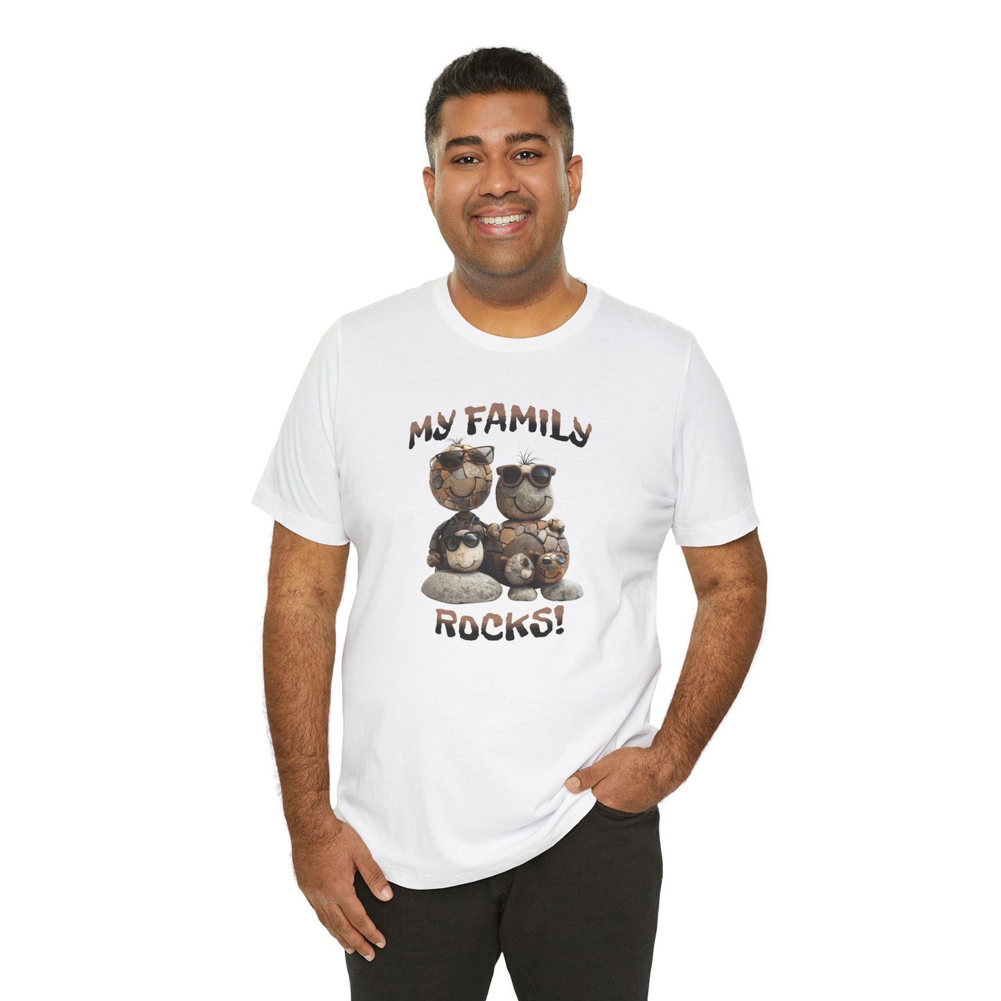 My Family Rocks! Cartoon Family T-Shirt, Short Sleeve, White or Baby Blue, Retail Fit, Cotton Blend