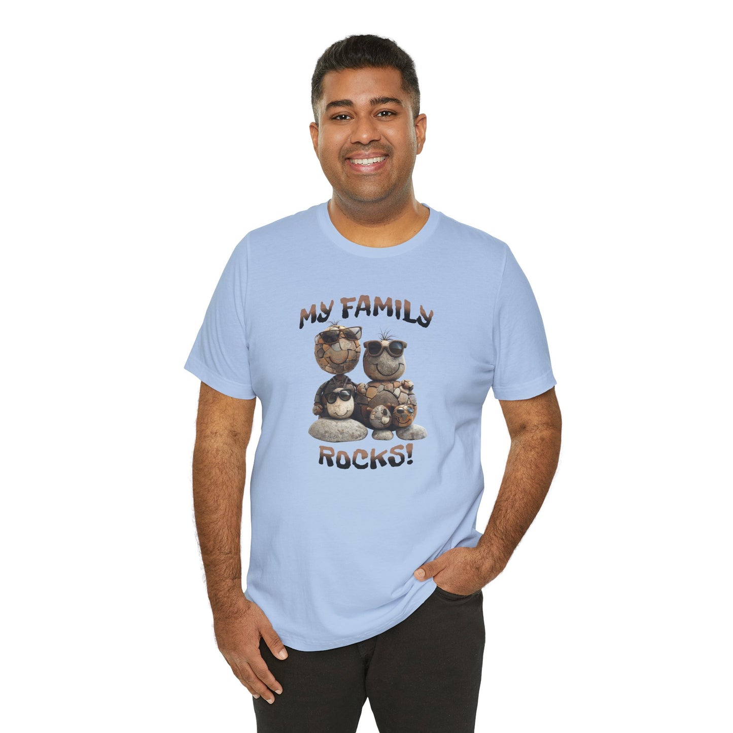 My Family Rocks! Cartoon Family T-Shirt, Short Sleeve, White or Baby Blue, Retail Fit, Cotton Blend