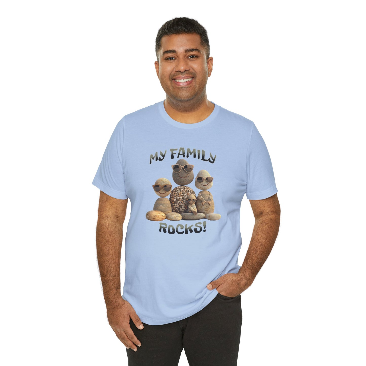 Family Rocks T-Shirt with Cartoon Image, Ribbed Collar, Dual Seams, Tapered Shoulders, 100% Cotton, White, Natural or Baby Blue, S-XL