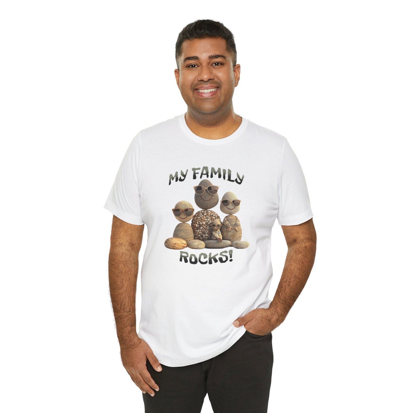 Family Rocks T-Shirt with Cartoon Image, Ribbed Collar, Dual Seams, Tapered Shoulders, 100% Cotton, White, Natural or Baby Blue, S-XL