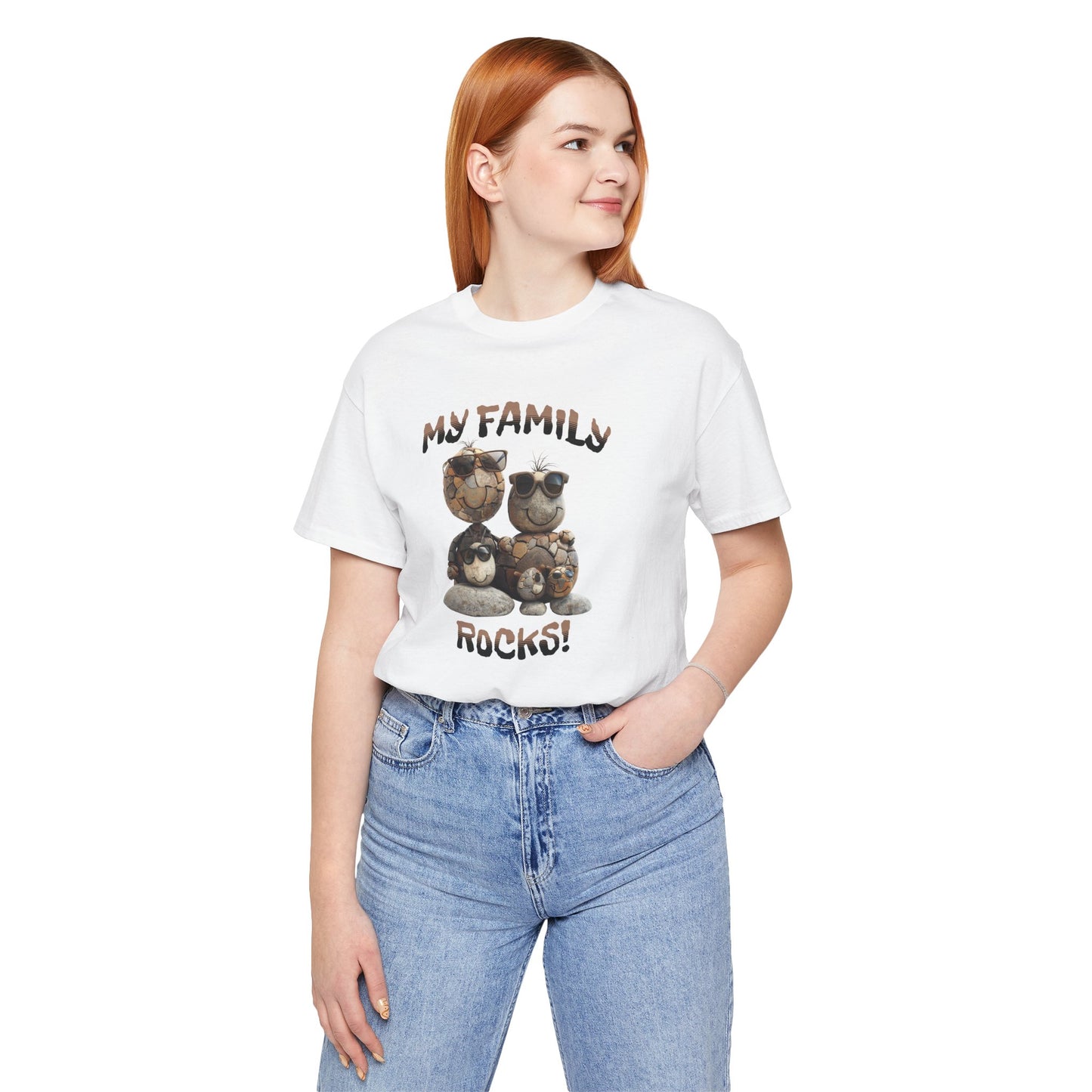 My Family Rocks! Cartoon Family T-Shirt, Short Sleeve, White or Baby Blue, Retail Fit, Cotton Blend